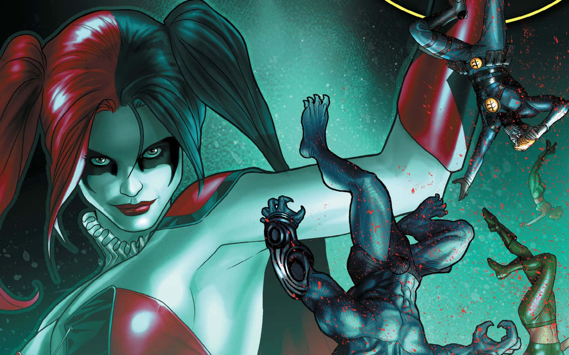 Classic Harley Quinn, red and black outfit, robotic figure, Full HD Desktop Wallpaper