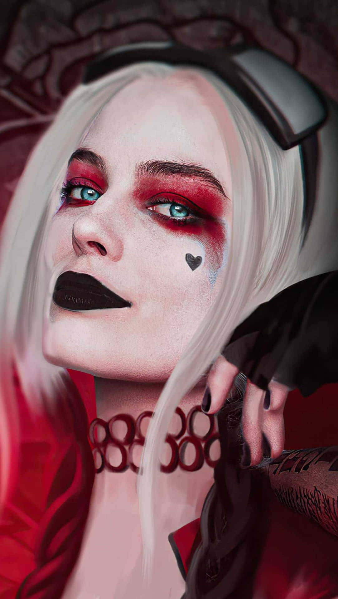 Harley Quinn, platinum blonde hair, red eye makeup, Full HD Phone Wallpaper