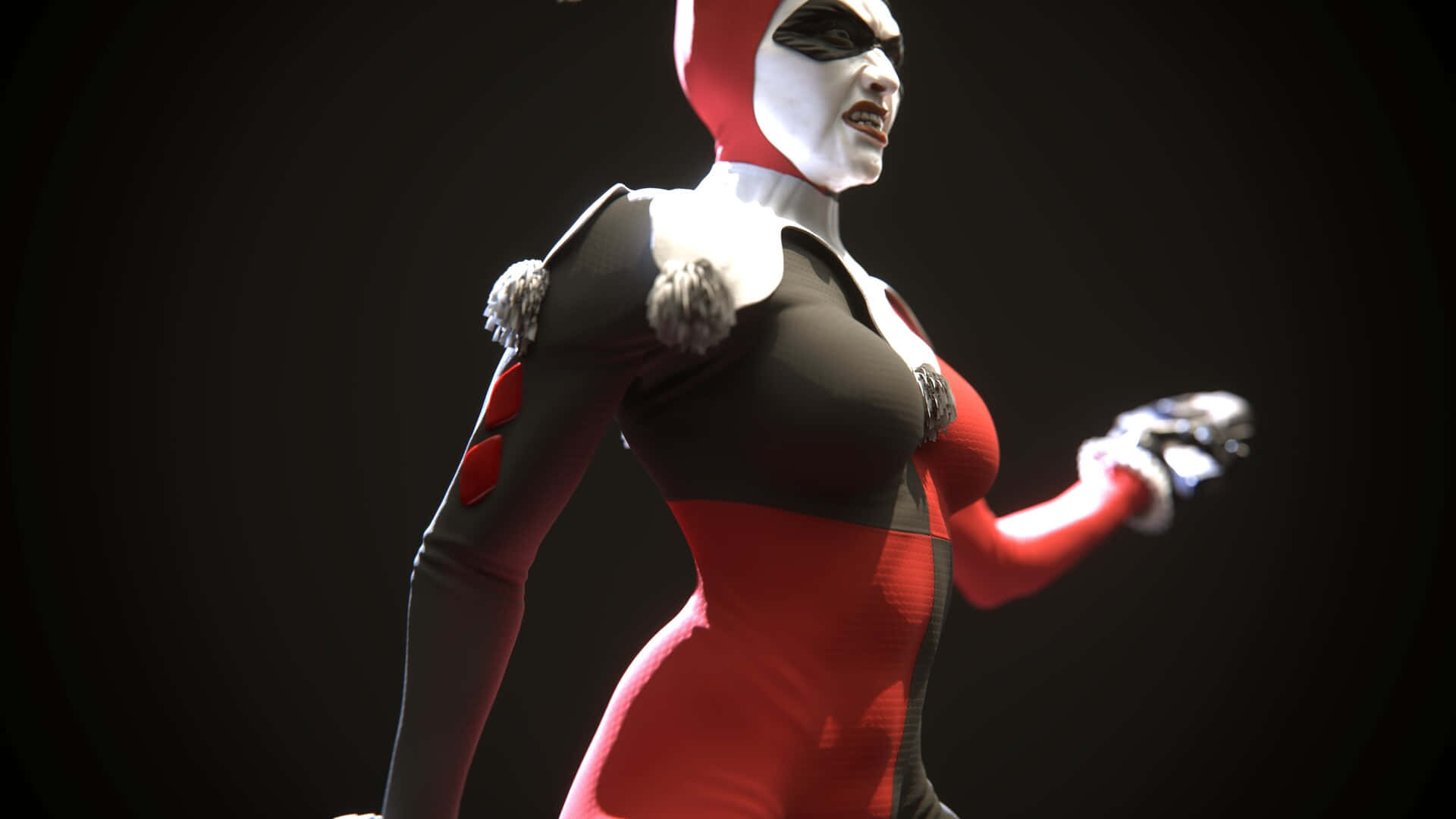 Classic Harley Quinn, red and black jester outfit, dark gradient background, Full HD Desktop Wallpaper