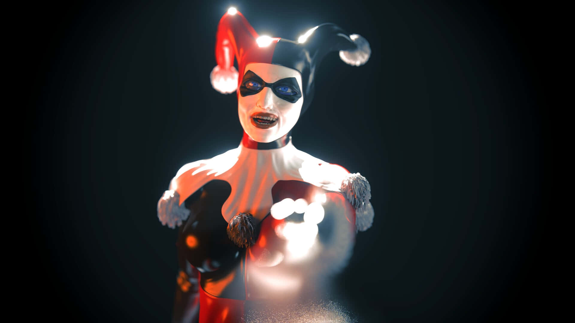 Classic Harley Quinn, red black and white costume, glowing harlequin figure, Full HD Desktop Wallpaper