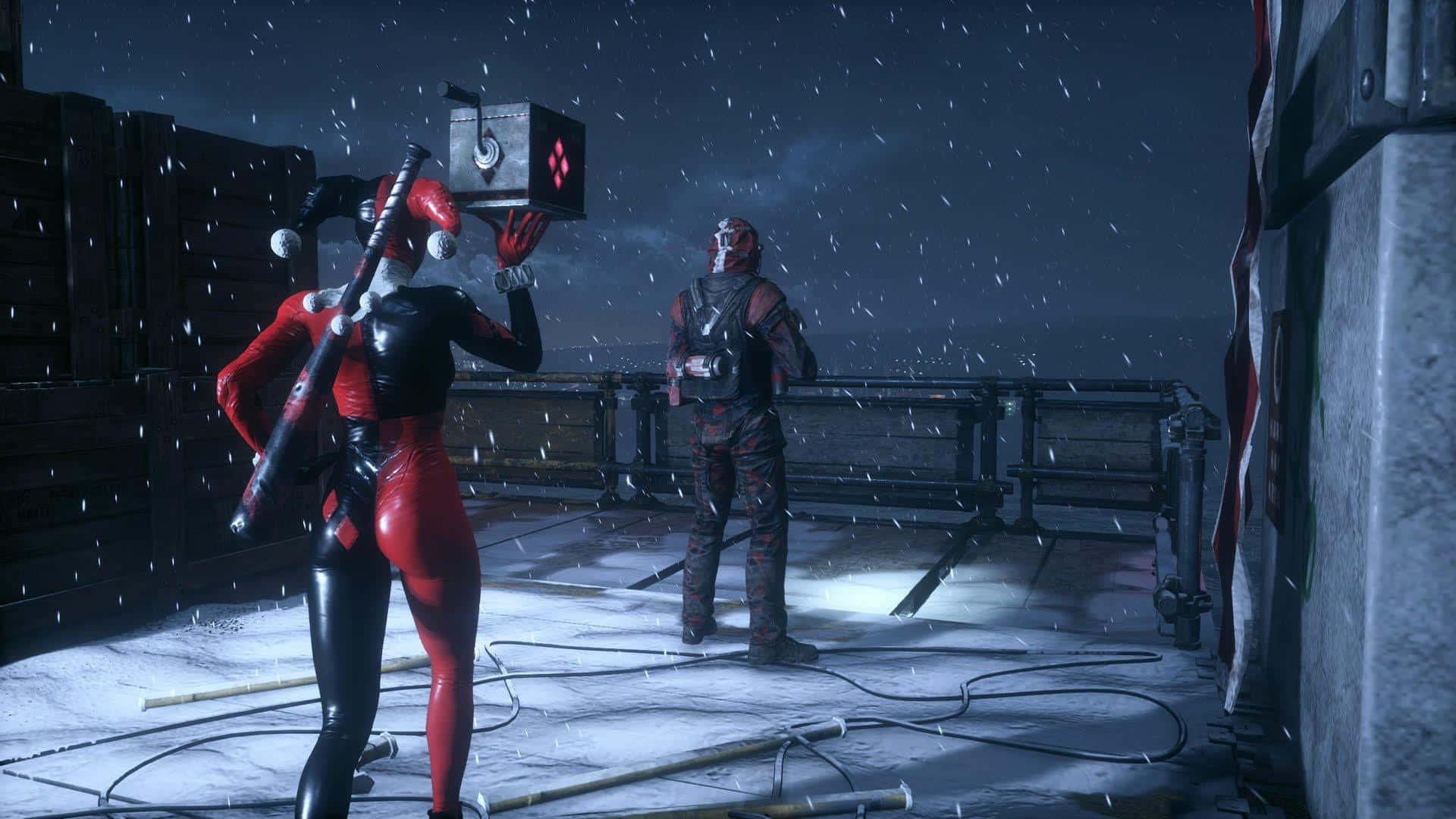 Harley Quinn, red and black latex costume, snowy rooftop, Full HD Desktop Wallpaper