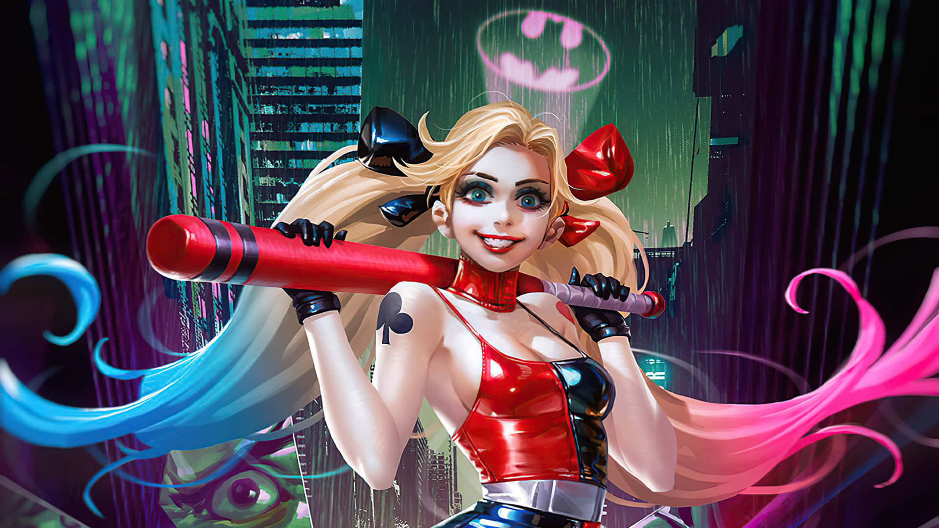 Harley Quinn, anime style, red baton, Full HD Desktop Wallpaper