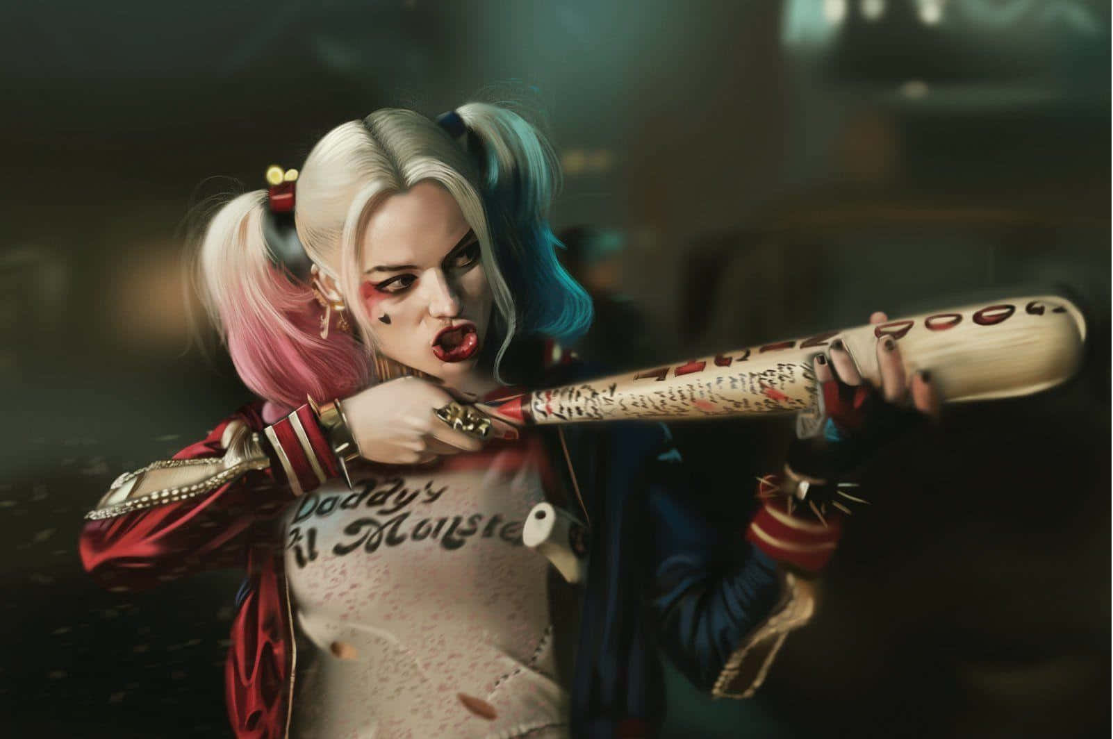 Harley Quinn, bat suicide squad, pink and blue pigtails, HD Desktop Wallpaper