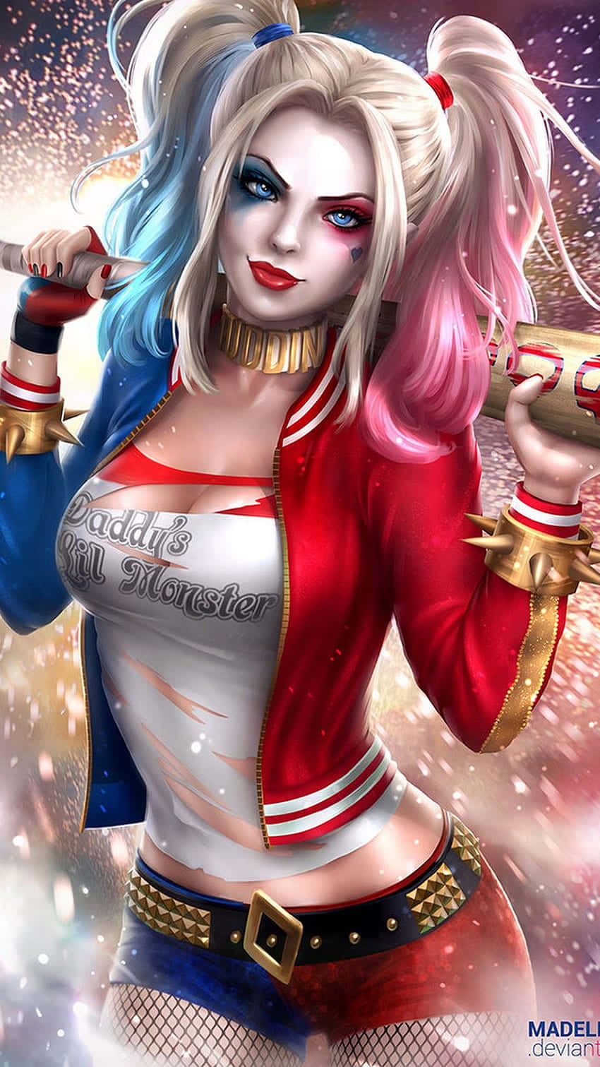 Harley Quinn, red blue and white outfit, baseball bat, HD Phone Wallpaper