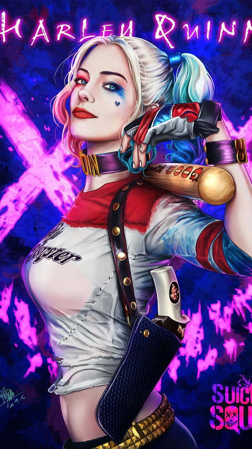 Harley Quinn, baseball bat, vibrant purple and pink explosive background, HD Phone Wallpaper