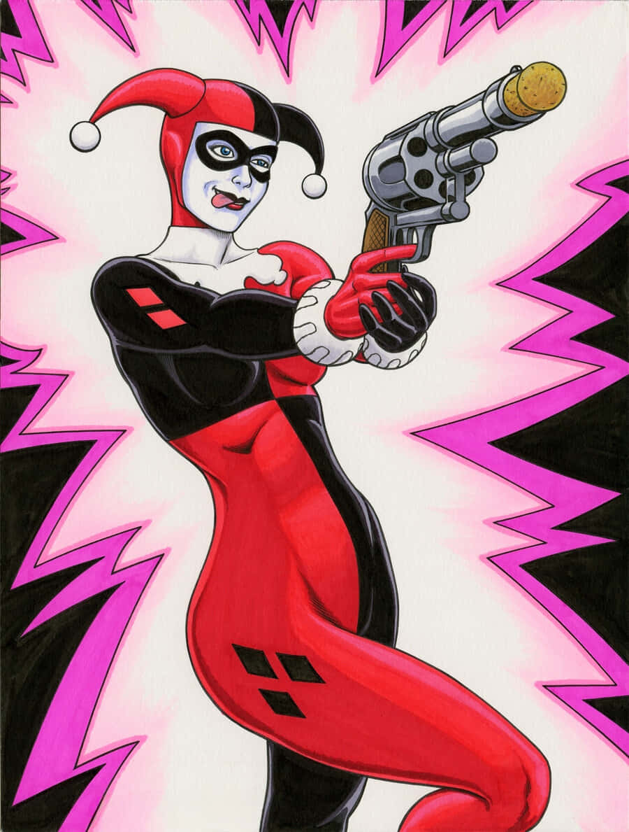 Classic Harley Quinn, red and black jester outfit, revolver, SD Phone Wallpaper