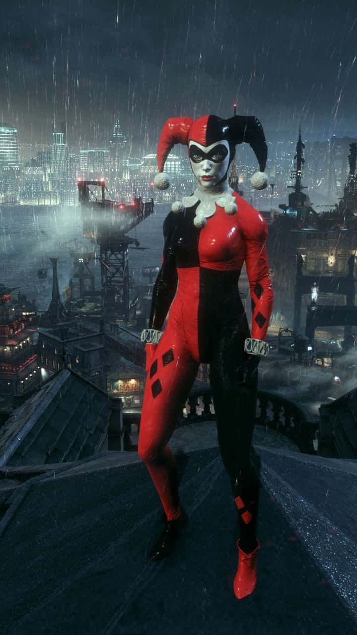 Classic Harley Quinn, red and black jester outfit, rain soaked rooftop, HD Phone Wallpaper