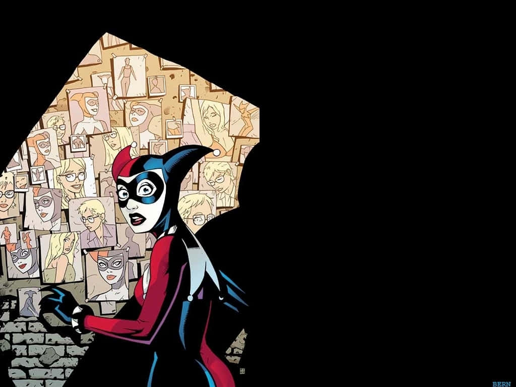 Classic Harley Quinn, jester outfit, wall covered in photos of various women, SD Desktop Wallpaper