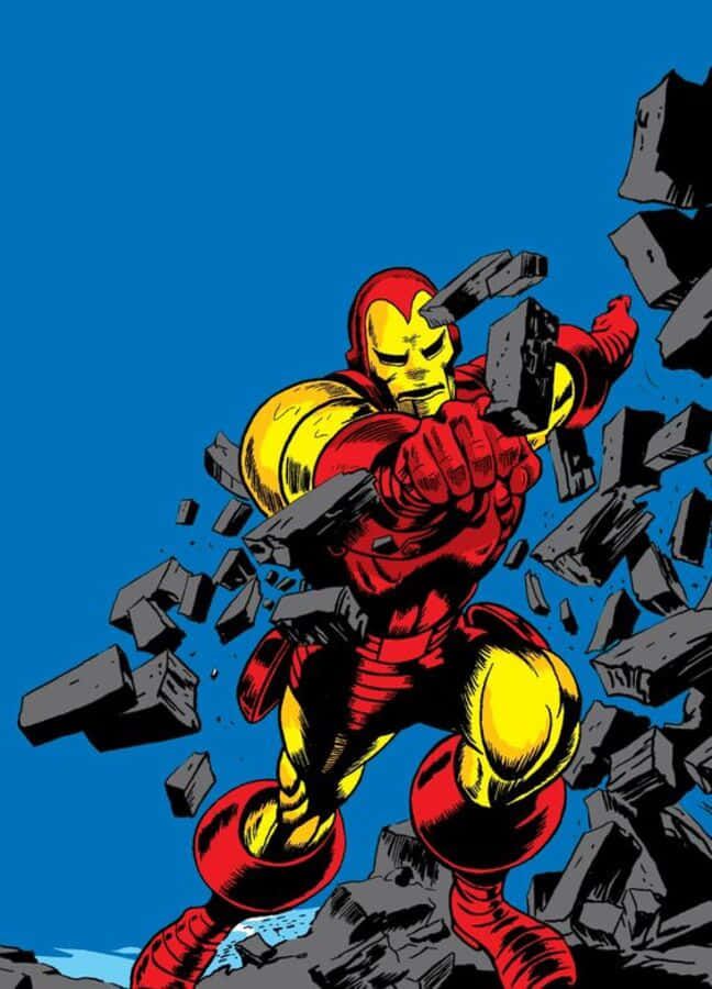 Classic Iron Man, red and gold armor, punches through rubble, SD Phone Wallpaper