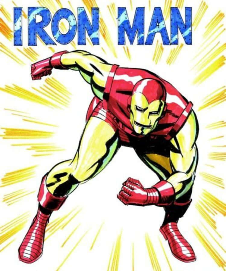 Classic Iron Man, yellow radiating lines, bold blue title, SD Phone Wallpaper