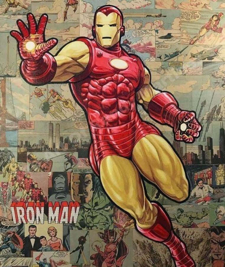 Classic Iron Man, red and gold armor, vintage comic book panels, SD Phone Wallpaper