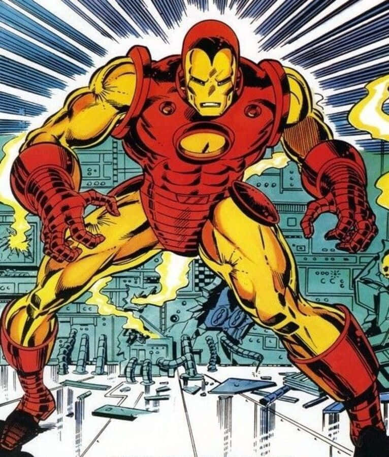 Classic Iron Man, red and gold armor, shattered tech lab, SD Phone Wallpaper