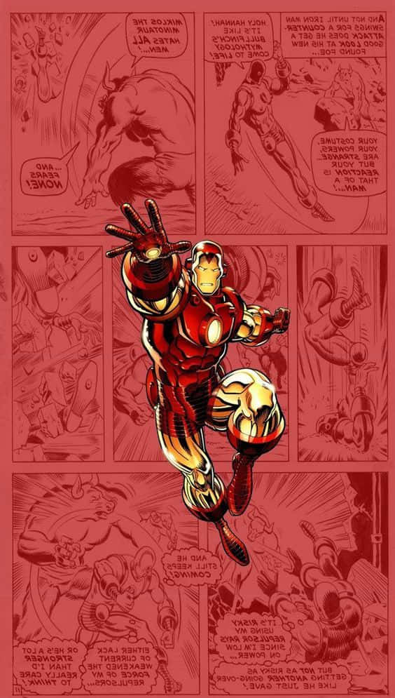 Classic Iron Man, red and gold armor, red comic book panel background, SD Phone Wallpaper