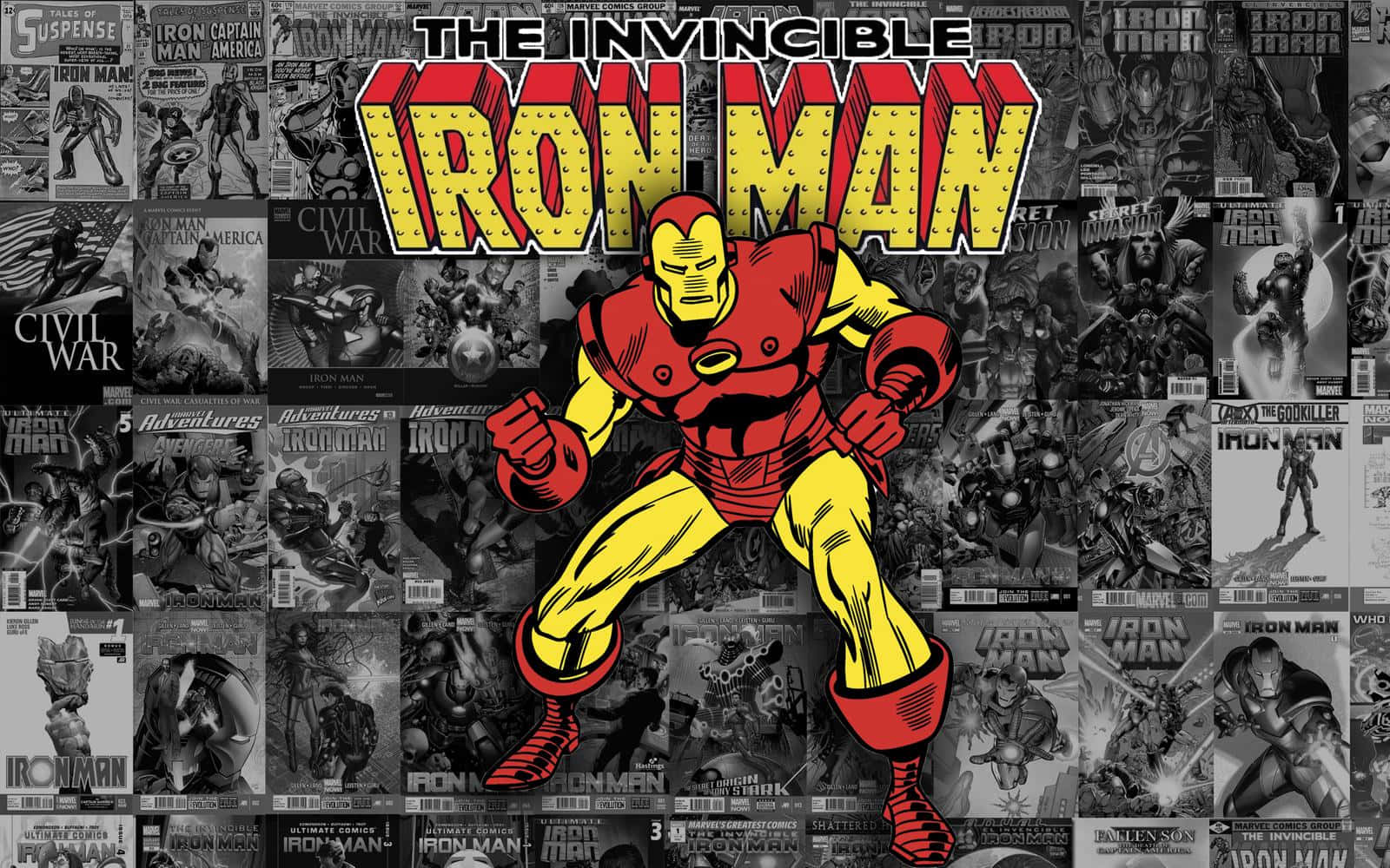 Classic Iron Man, red and gold armor, black and white comic book covers, HD Desktop Wallpaper