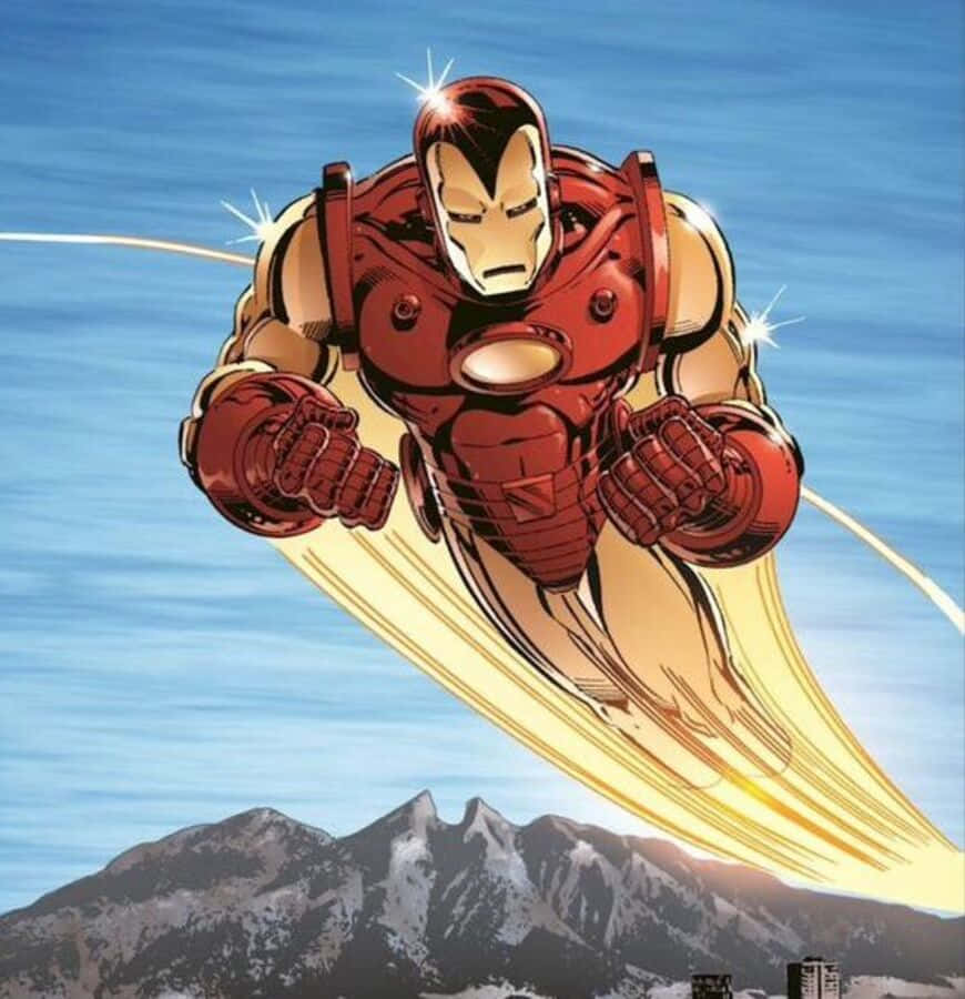 Classic Iron Man, clear blue sky, snow-capped mountains, SD Phone Wallpaper
