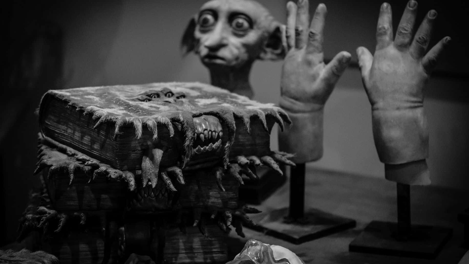 black and white, horror sculptures, monstrous book with teeth, Full HD Desktop Wallpaper