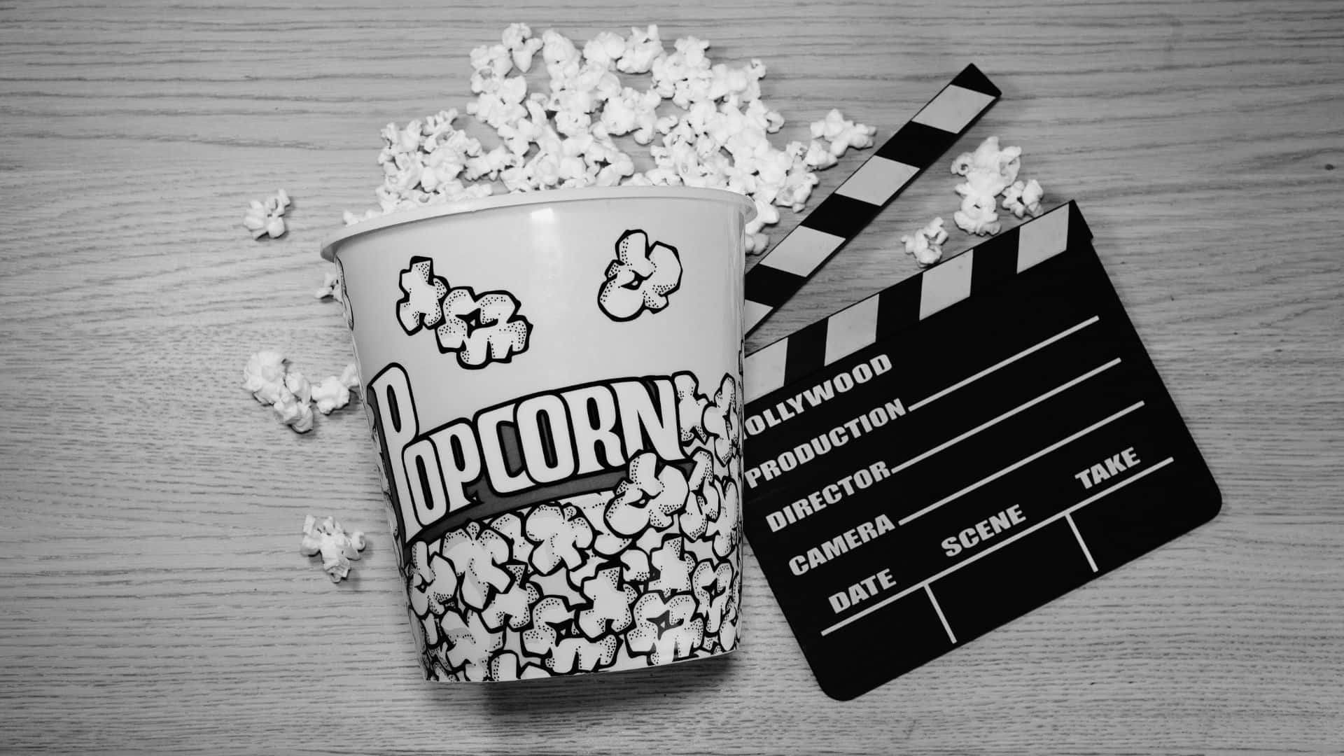 black and white movie, popcorn bucket, clapperboard, Full HD Desktop Wallpaper