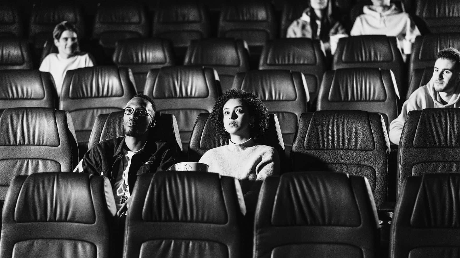 black and white, movie theater, dimly lit, Full HD Desktop Wallpaper