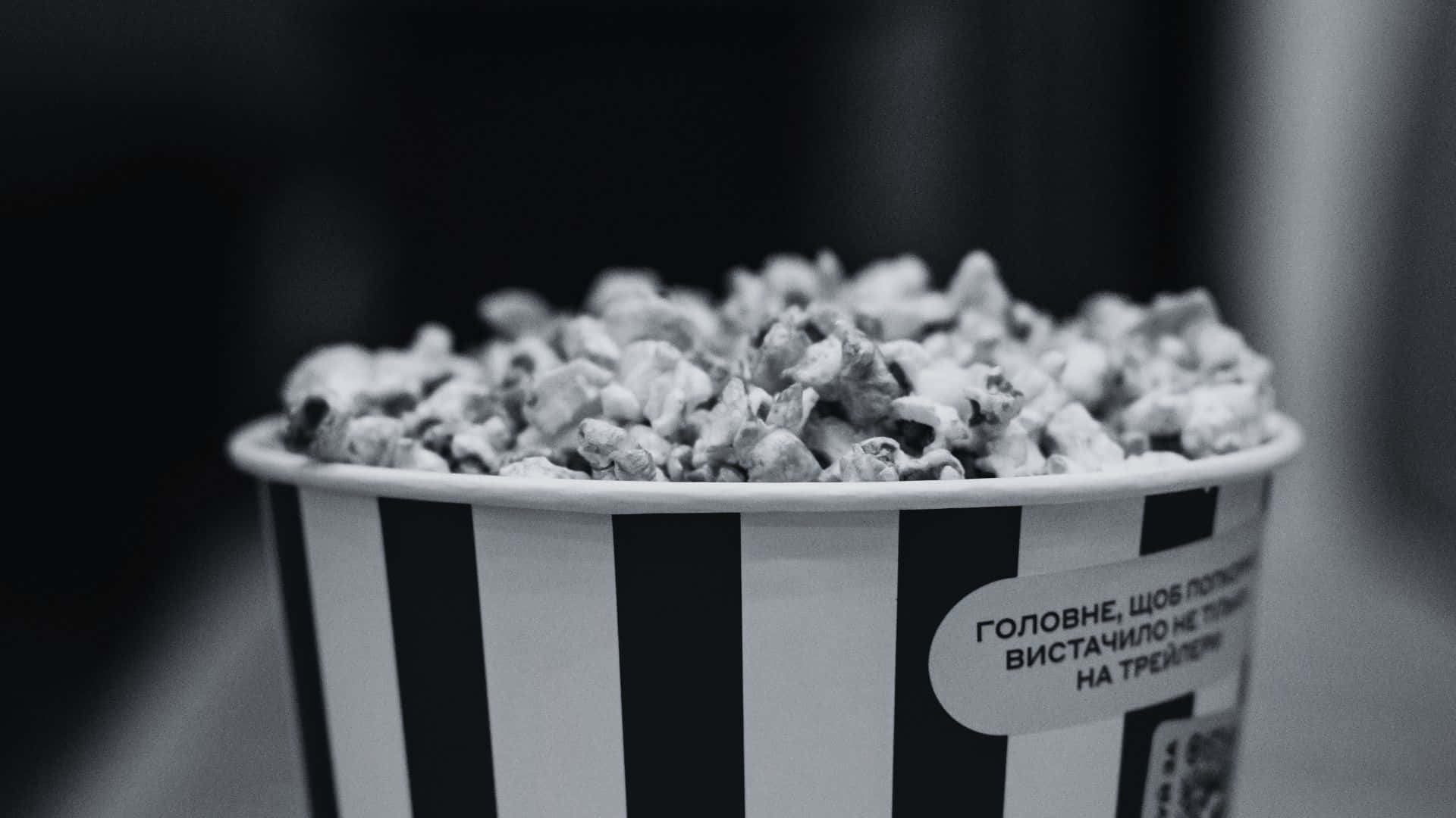 black and white, striped popcorn bucket, fluffy popped kernels, Full HD Desktop Wallpaper