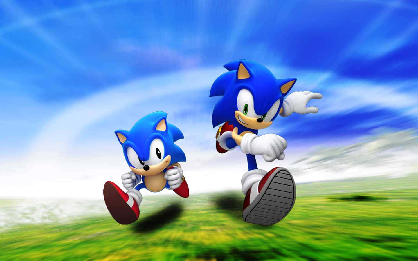 Classic Sonic, blue hedgehogs, vibrant green field, HD Desktop Wallpaper