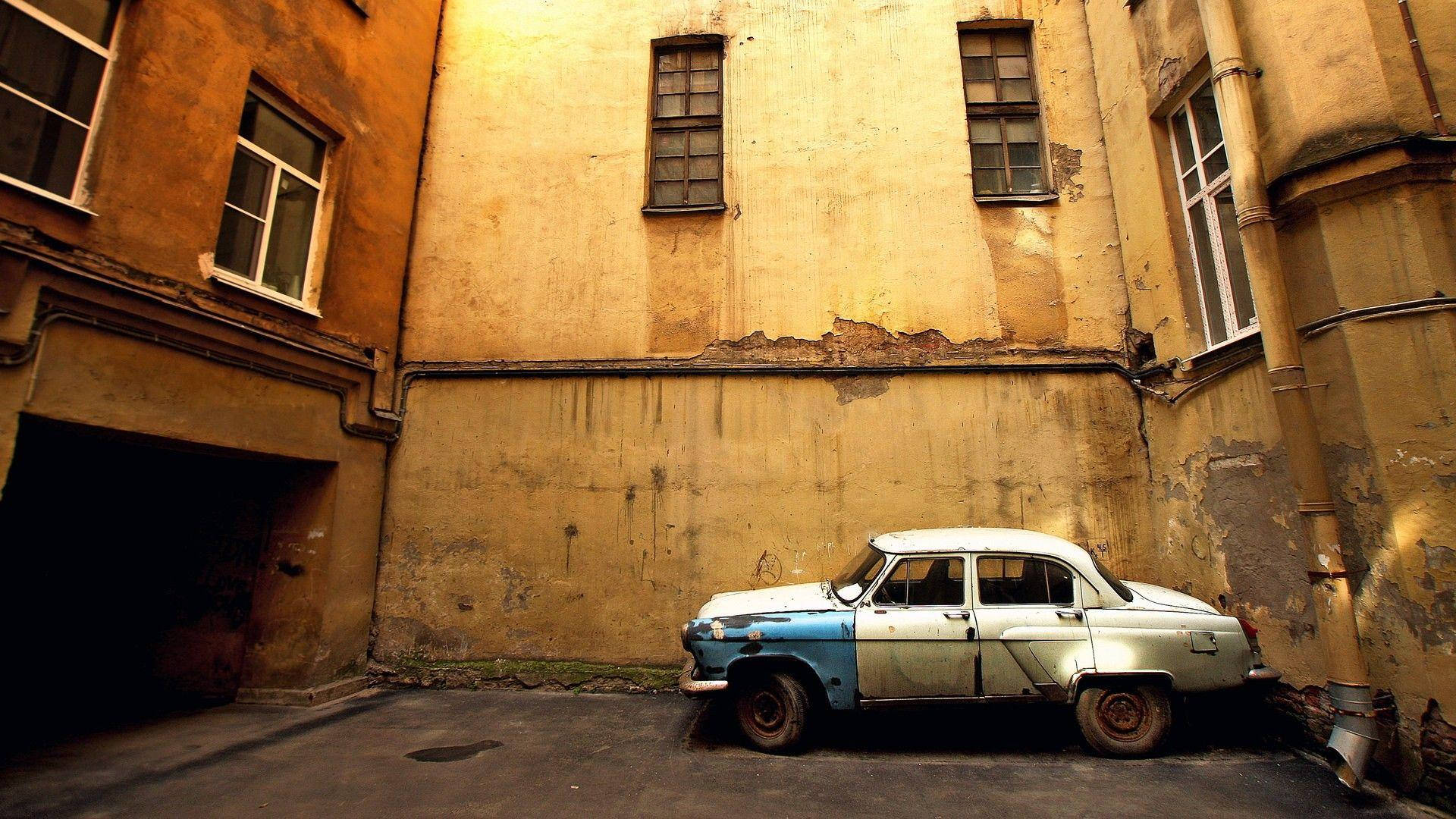 Classic, old rusty car, blue and white car, Full HD Desktop Wallpaper