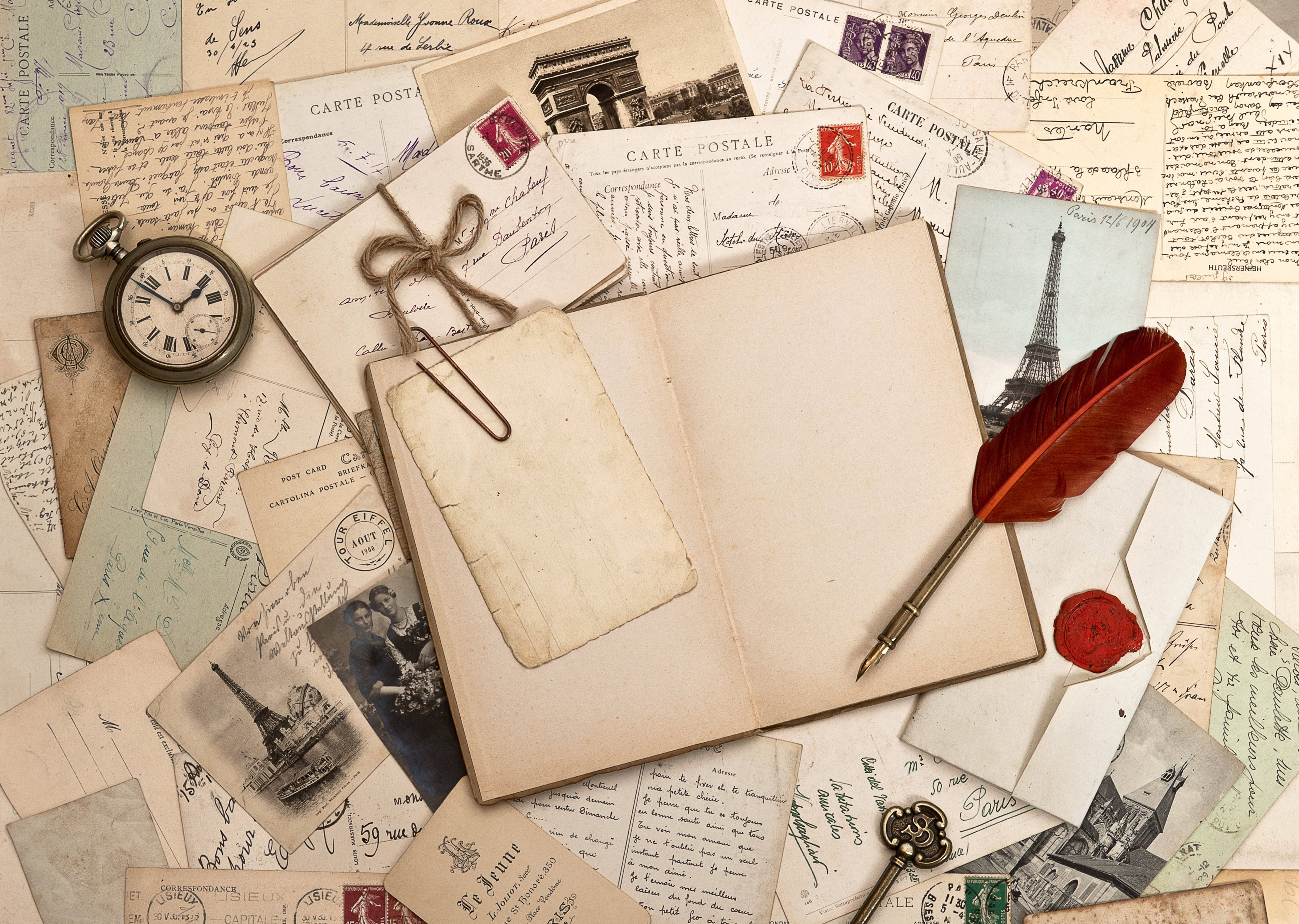 Classic Letters, notebook, feather pen, 5K Desktop Wallpaper