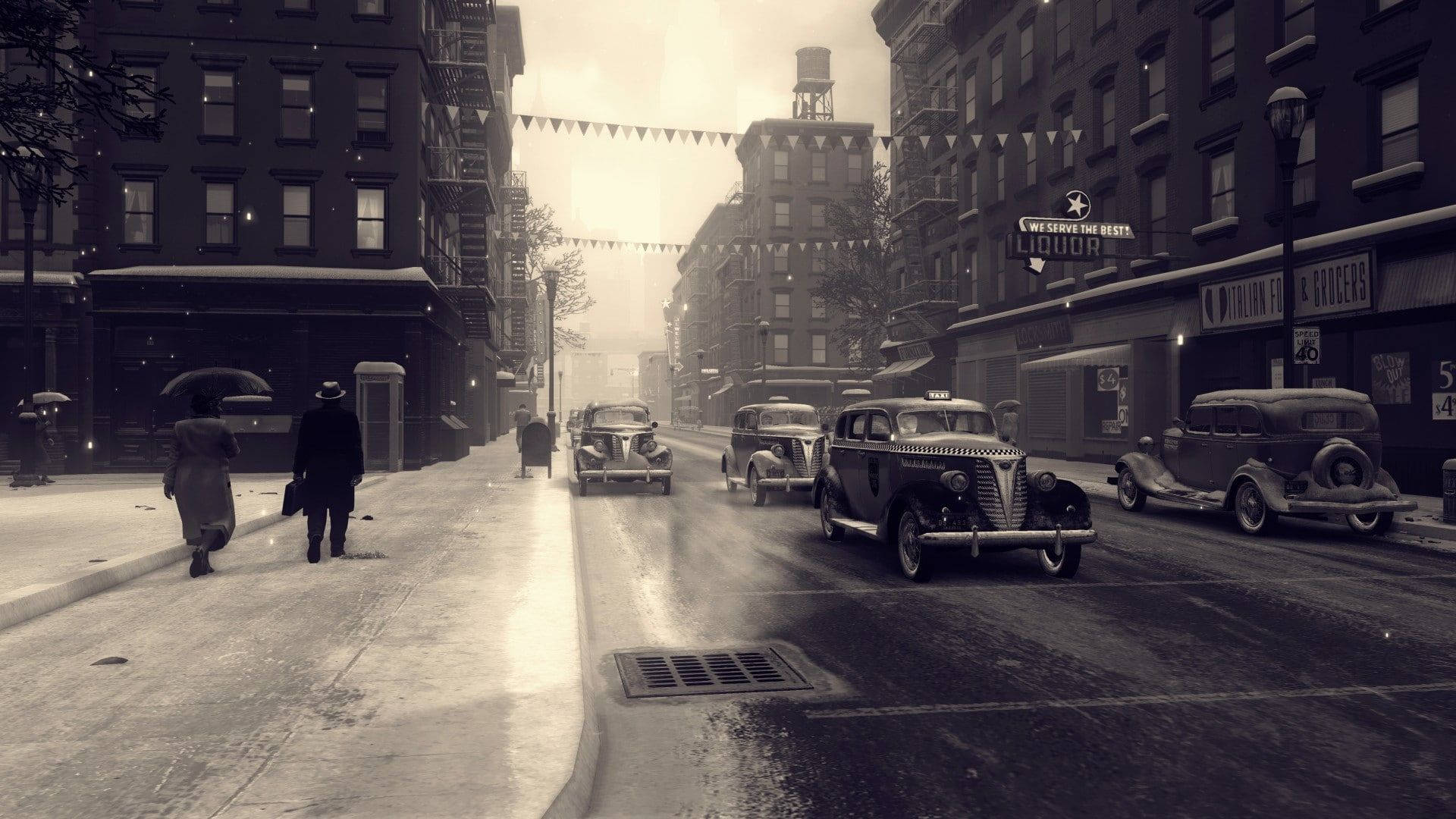 grayscale, classic cars, street, Full HD Desktop Wallpaper