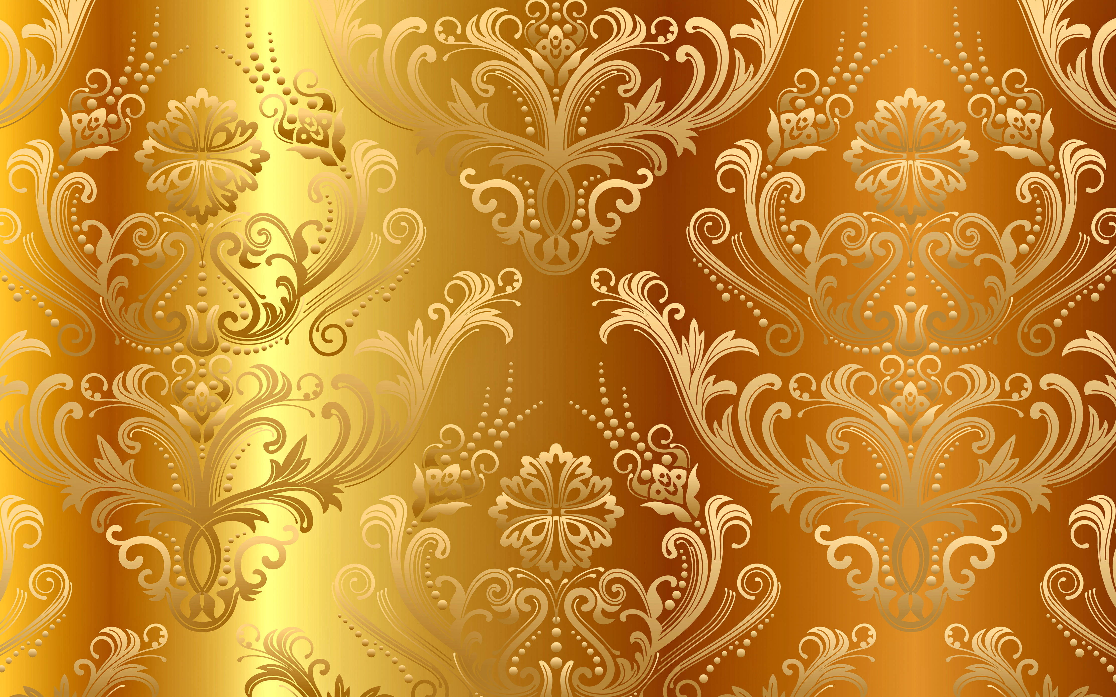 golden floral patterns, damask wallpaper, floral and scroll patterns, 4K Desktop Wallpaper