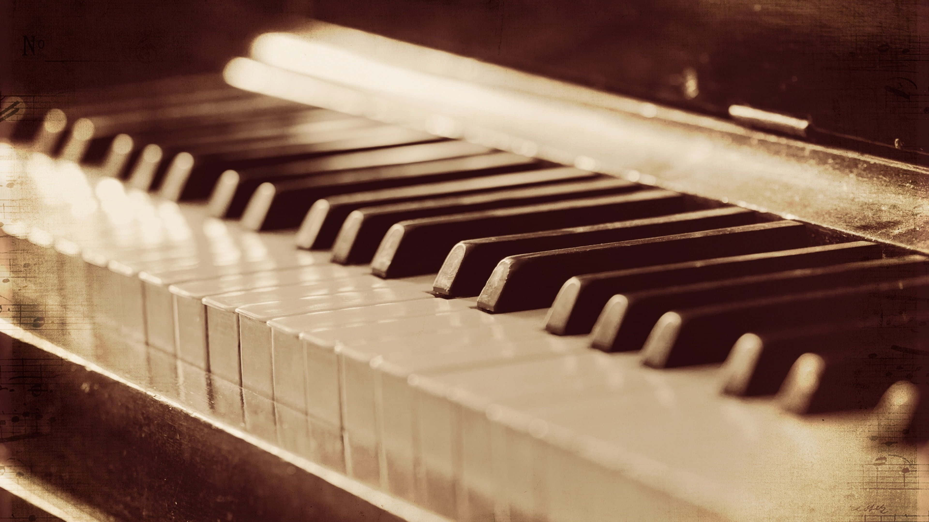 vintage piano keys, warm sepia light, soft focus, 4K Desktop Wallpaper