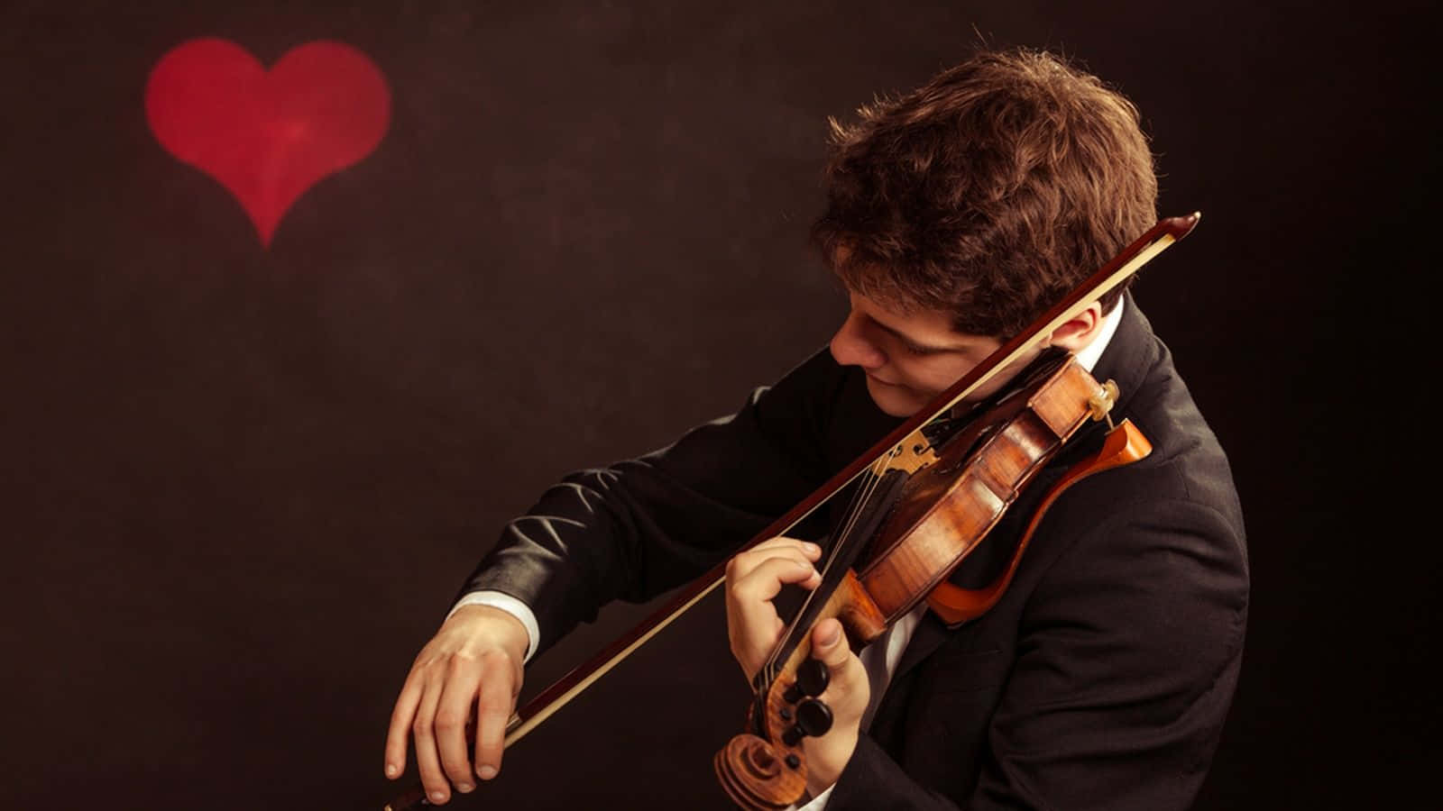 violinist, black suit, glowing red heart, HD Desktop Wallpaper