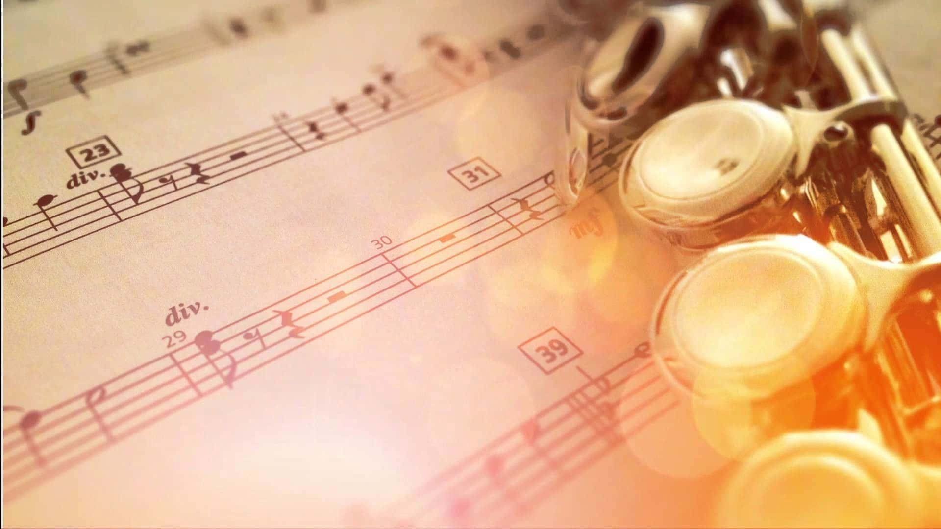 golden brass flute, vintage sheet music, soft amber light, Full HD Desktop Wallpaper