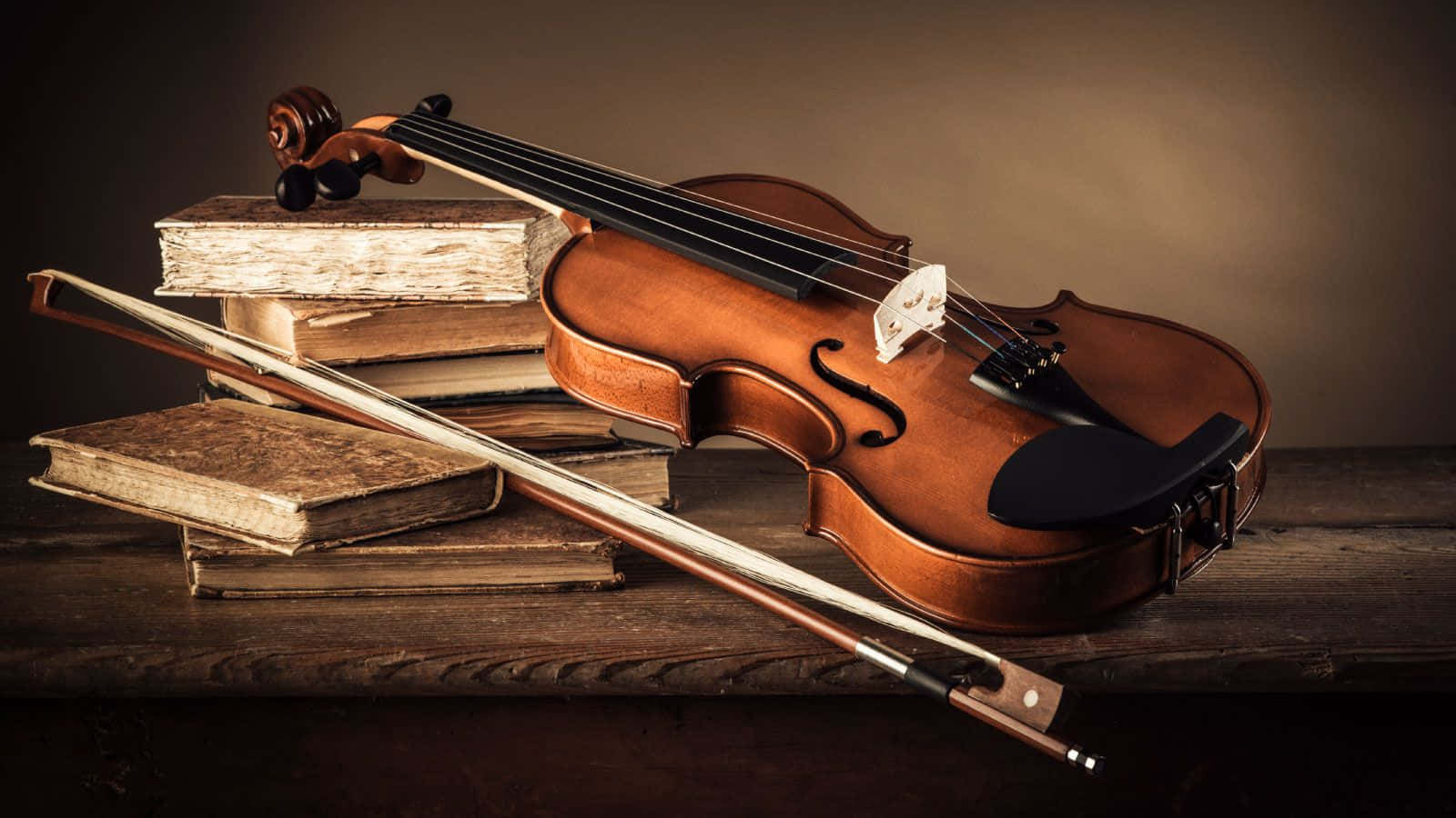 vintage violin, bow, aged books, HD Desktop Wallpaper