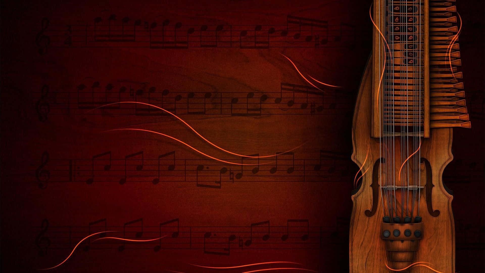 wooden harp, deep red background, flowing musical notes, Full HD Desktop Wallpaper