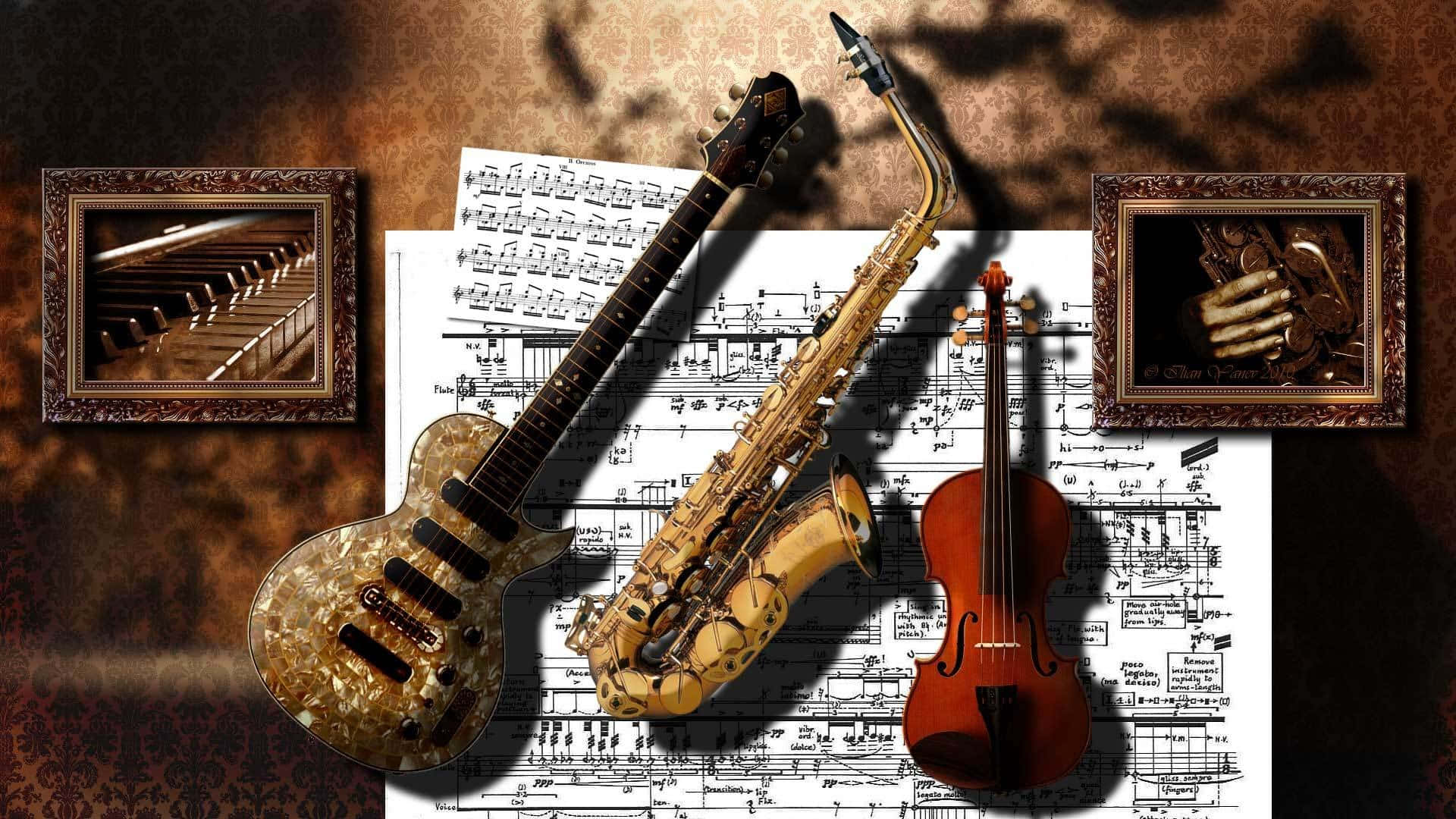 guitar, saxophone, violin, Full HD Desktop Wallpaper