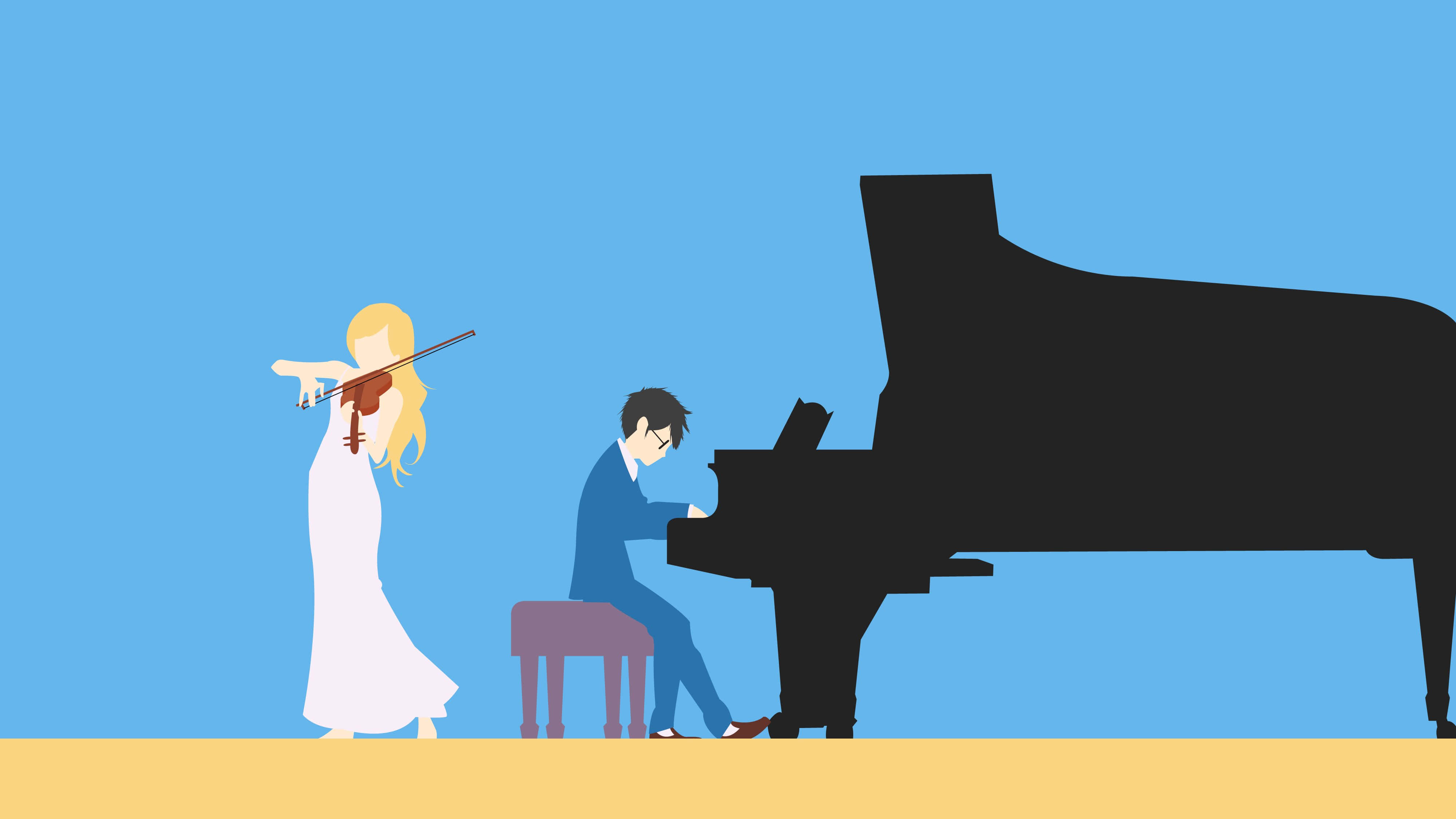 woman in white, man in blue, grand piano, 4K Desktop Wallpaper