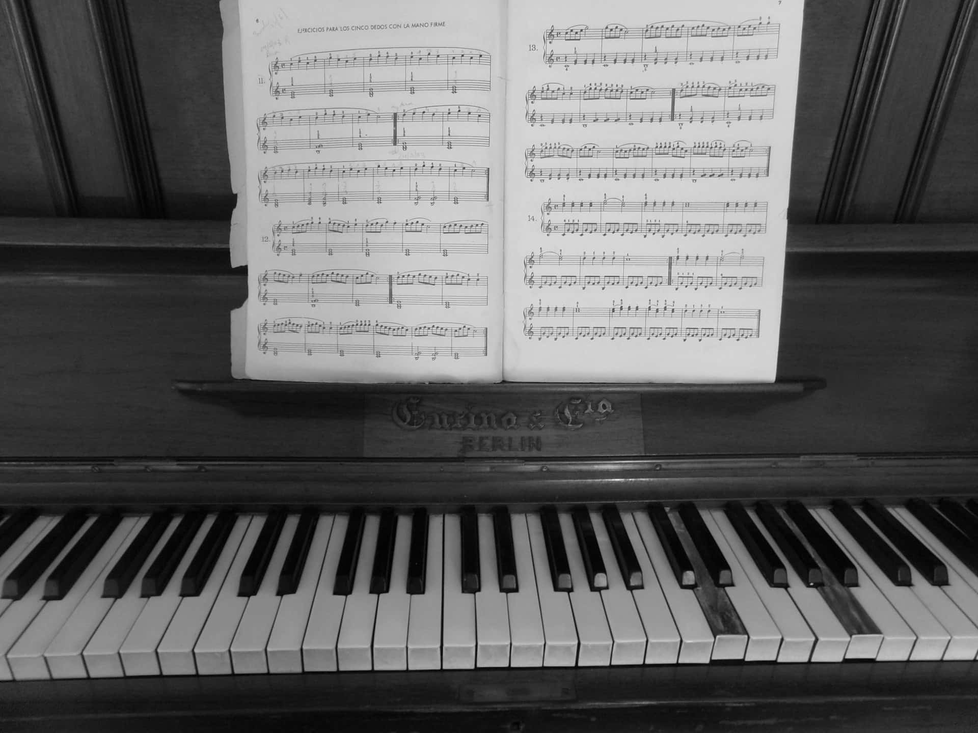 black and white photo, open piano book, sheet music, Full HD Desktop Wallpaper