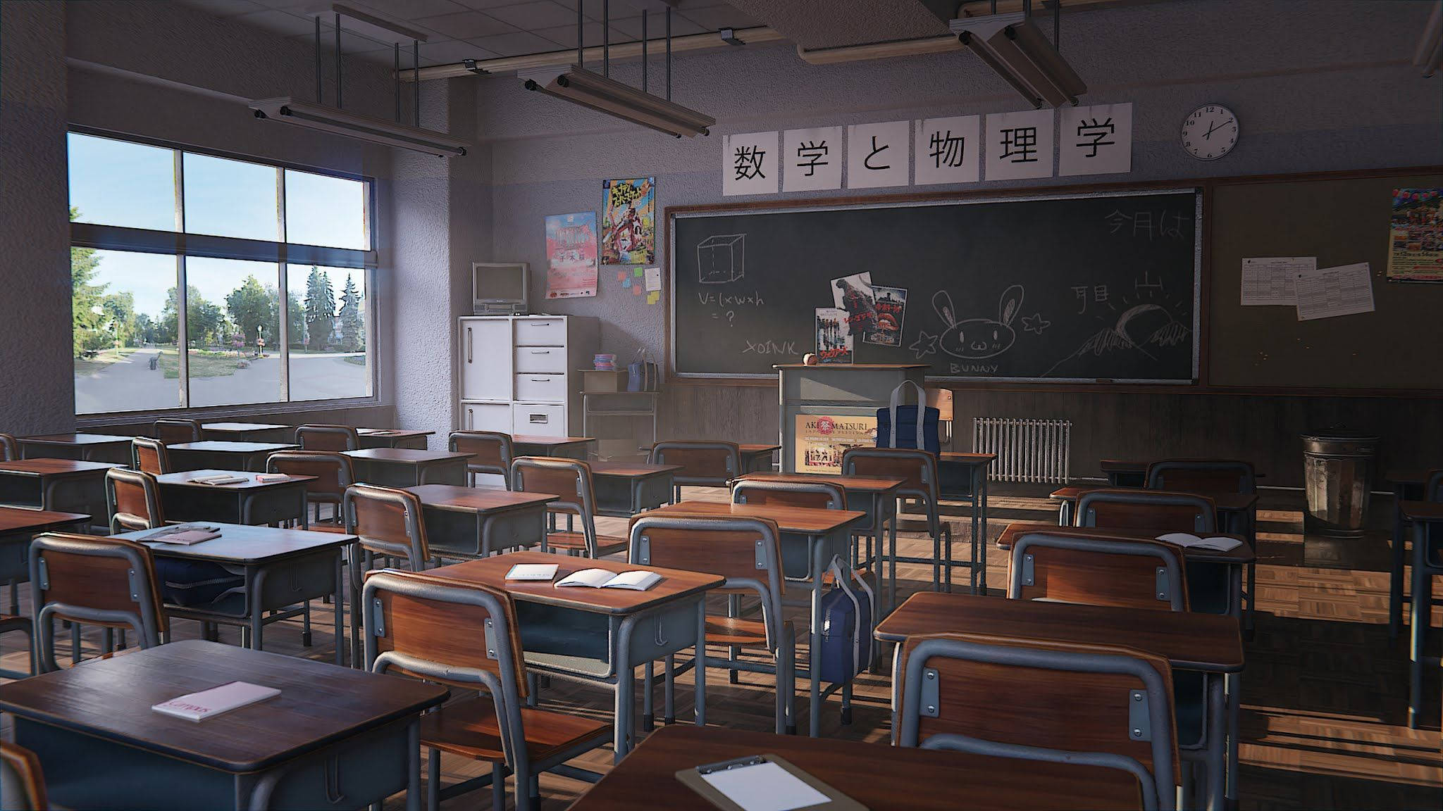Japanese classroom, wooden desks, chalkboard, Full HD Desktop Wallpaper