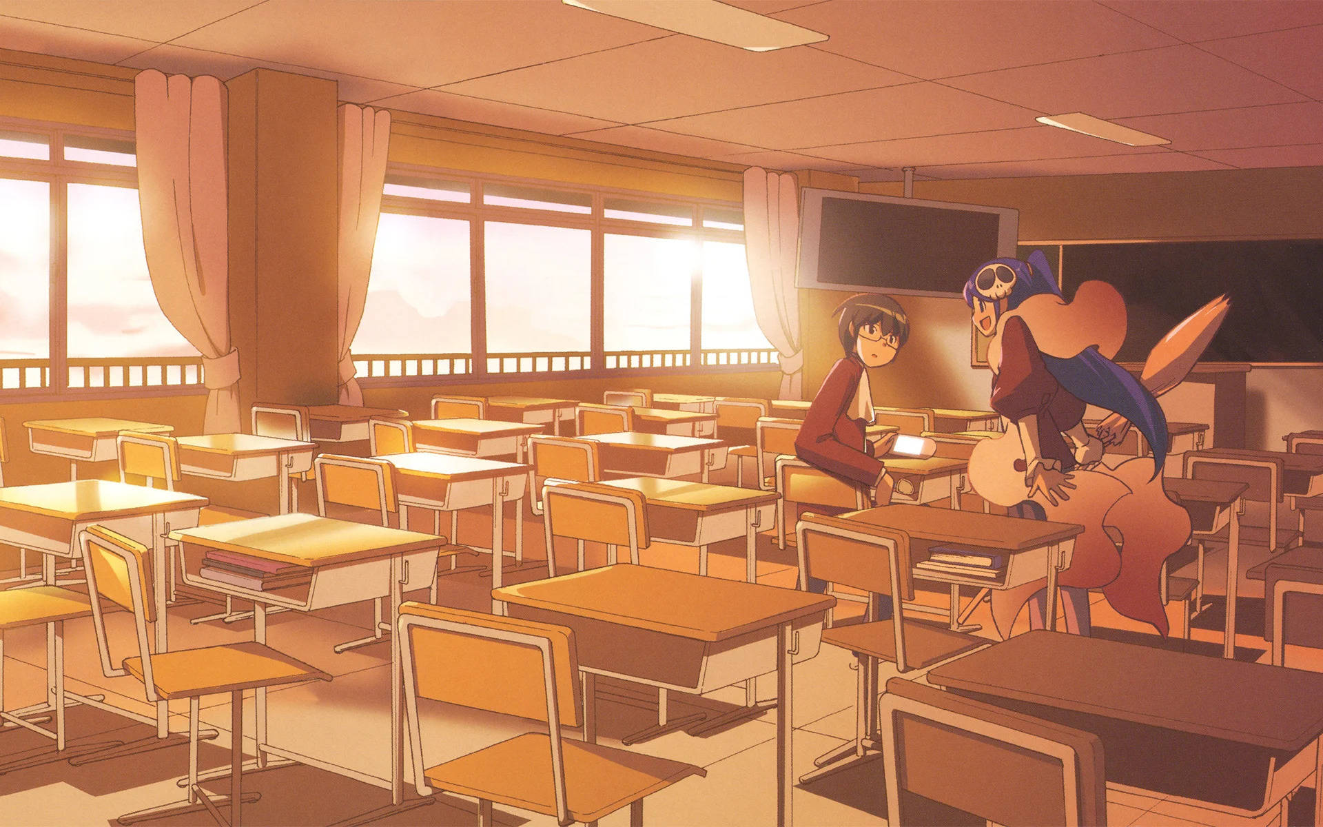 anime girls, sunlit empty classroom, warm orange light, Full HD Desktop Wallpaper