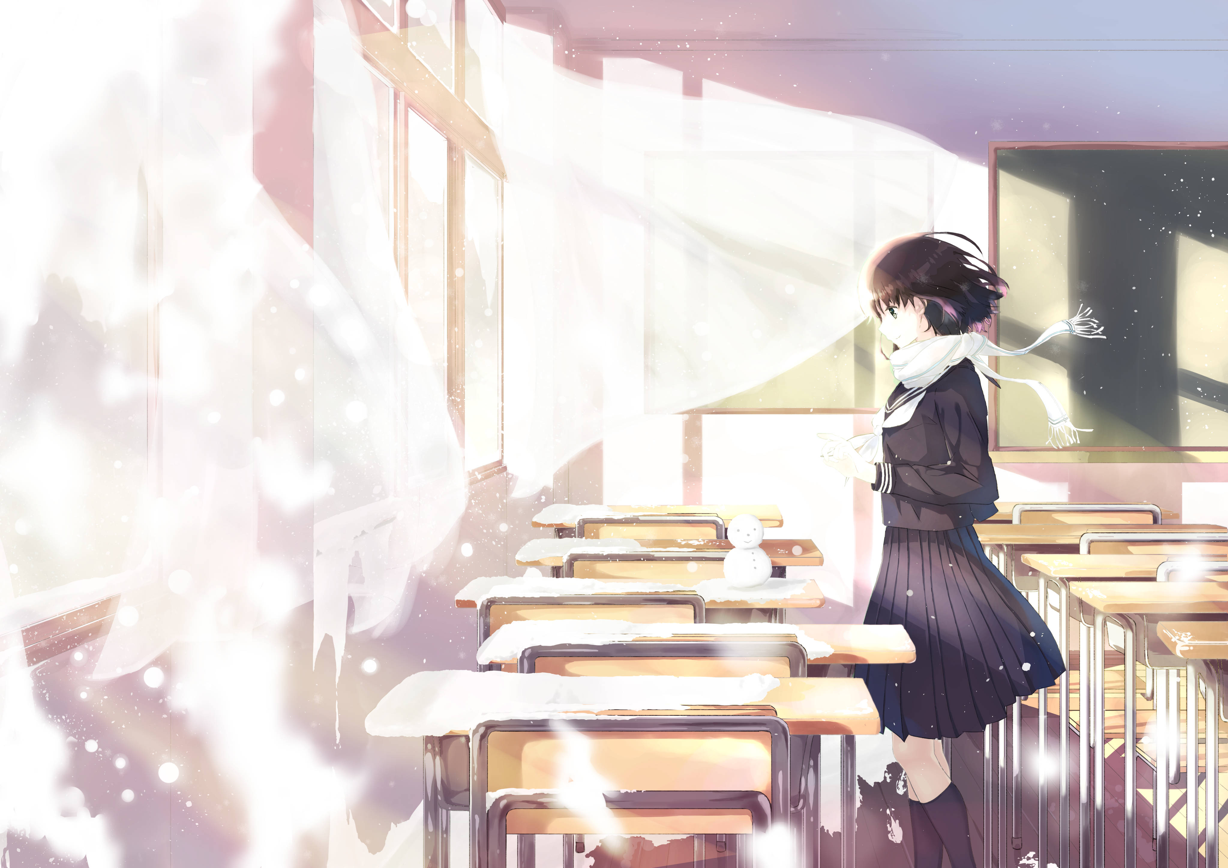anime girl, school uniform, snow-covered classroom, 4K Desktop Wallpaper