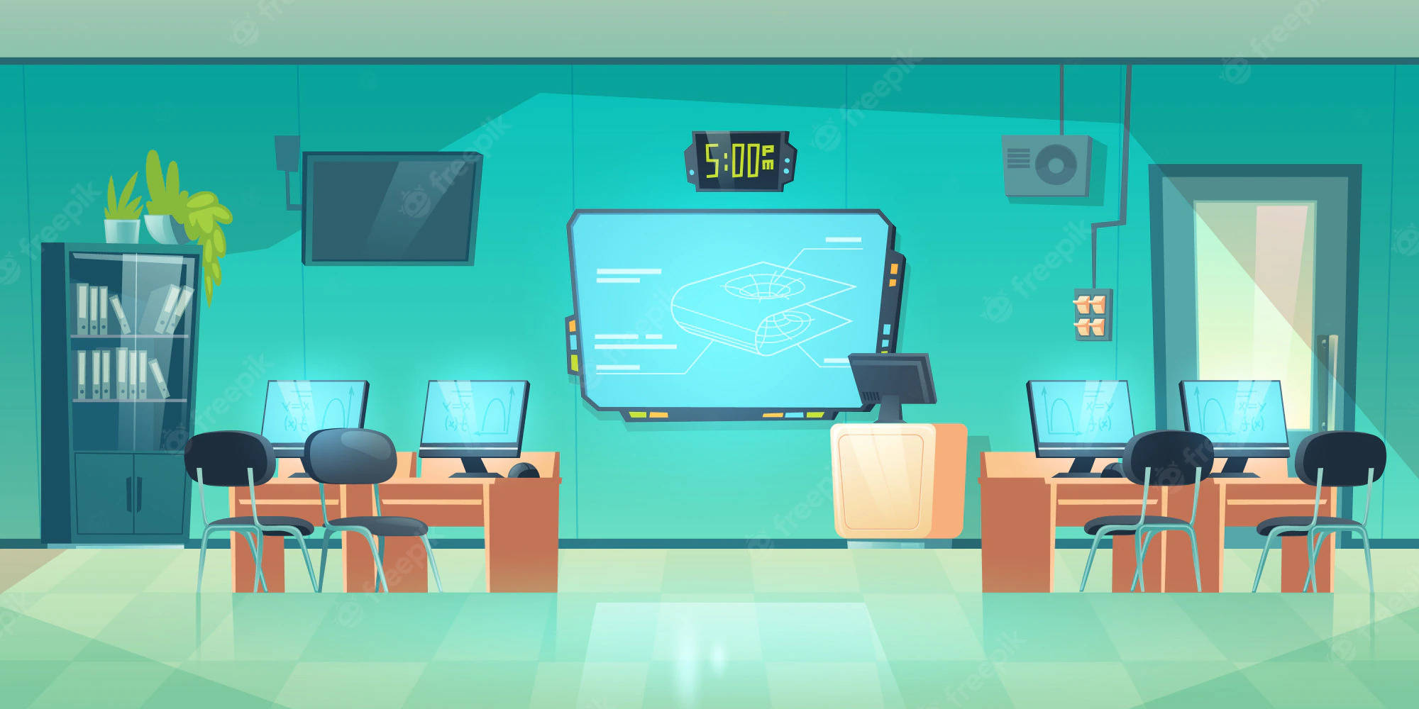 teal-colored, futuristic classroom, desks, Full HD Desktop Wallpaper