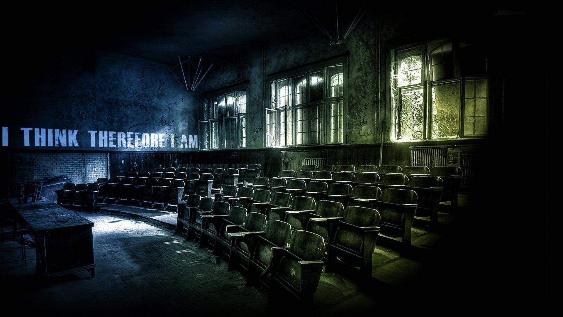 I THINK THEREFORE I AM, eerie blue light, abandoned classroom, Full HD Desktop Wallpaper