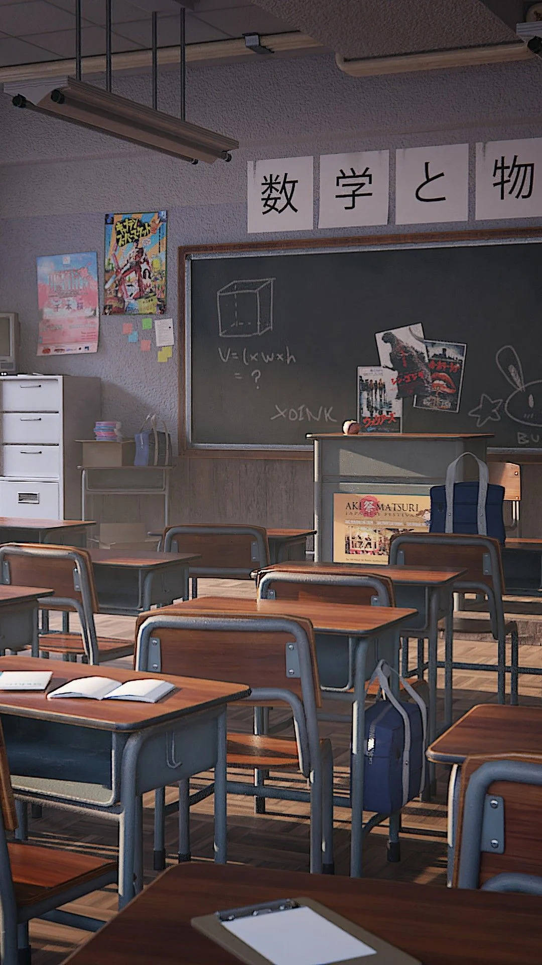 Japanese classroom, wooden desks, textbooks, Full HD Phone Wallpaper