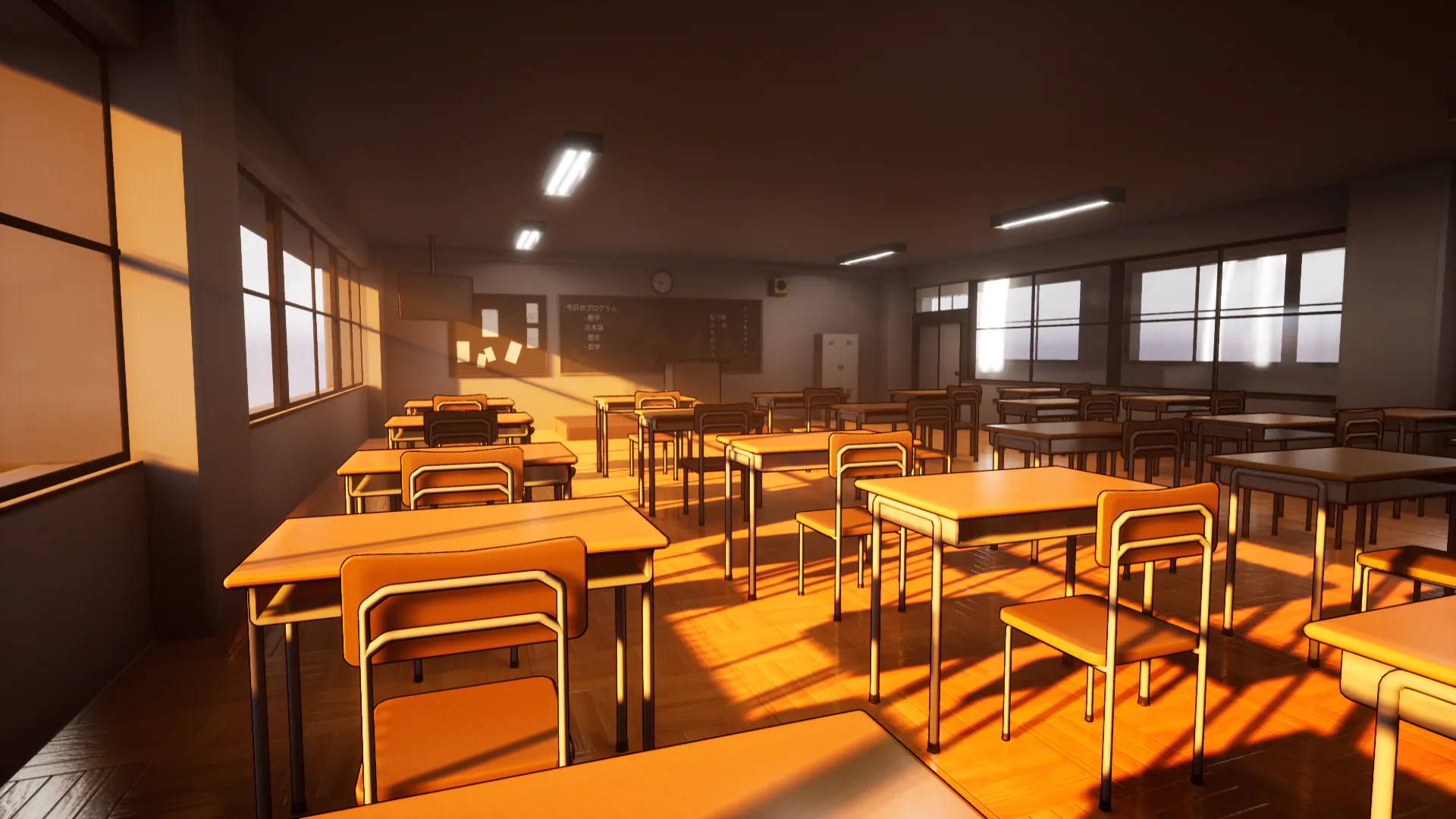 sunlight, golden shadows, wooden desks, Full HD Desktop Wallpaper