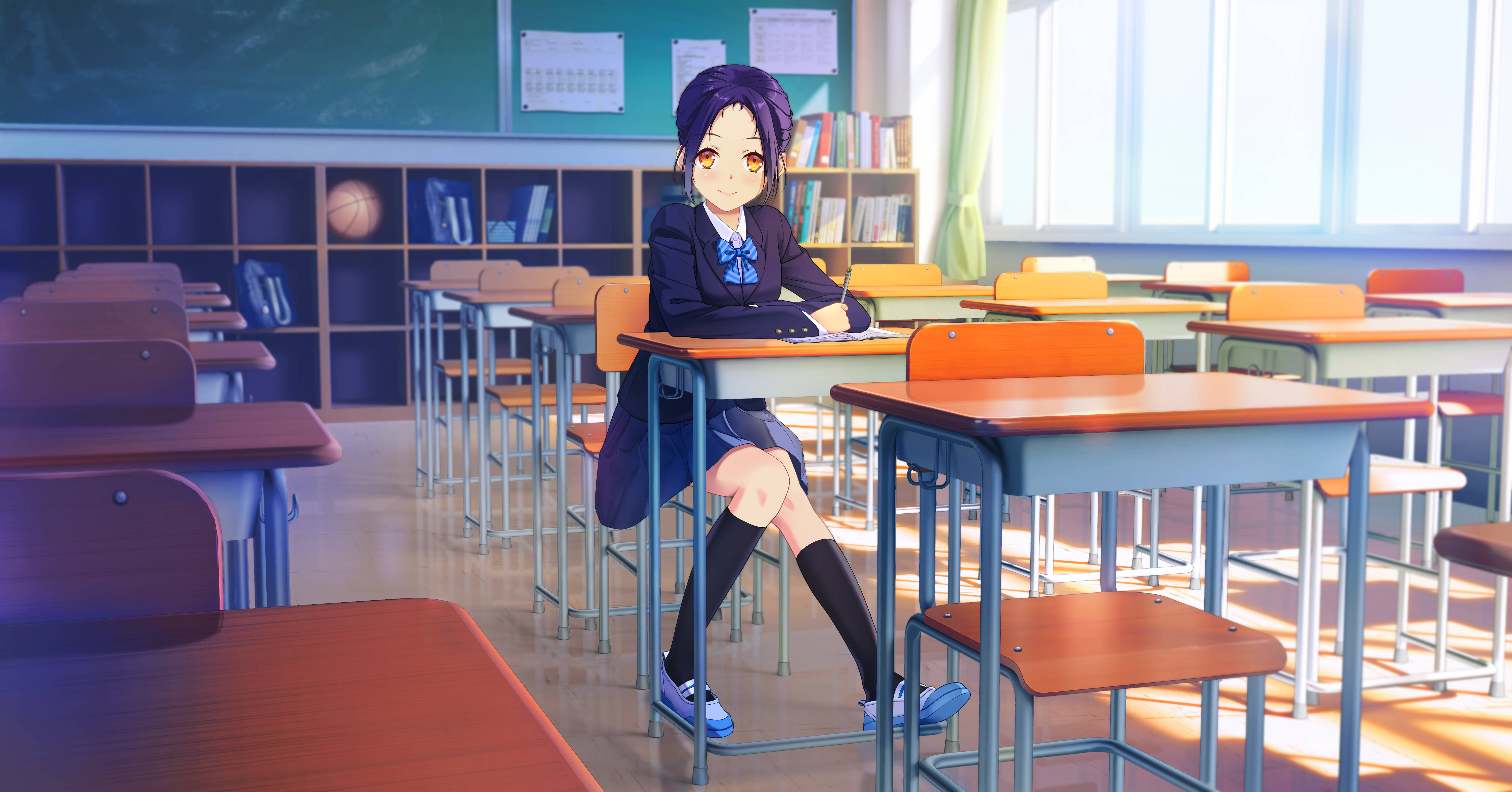 purple-haired anime girl, school uniform, sunlit empty classroom, 5K Desktop Wallpaper
