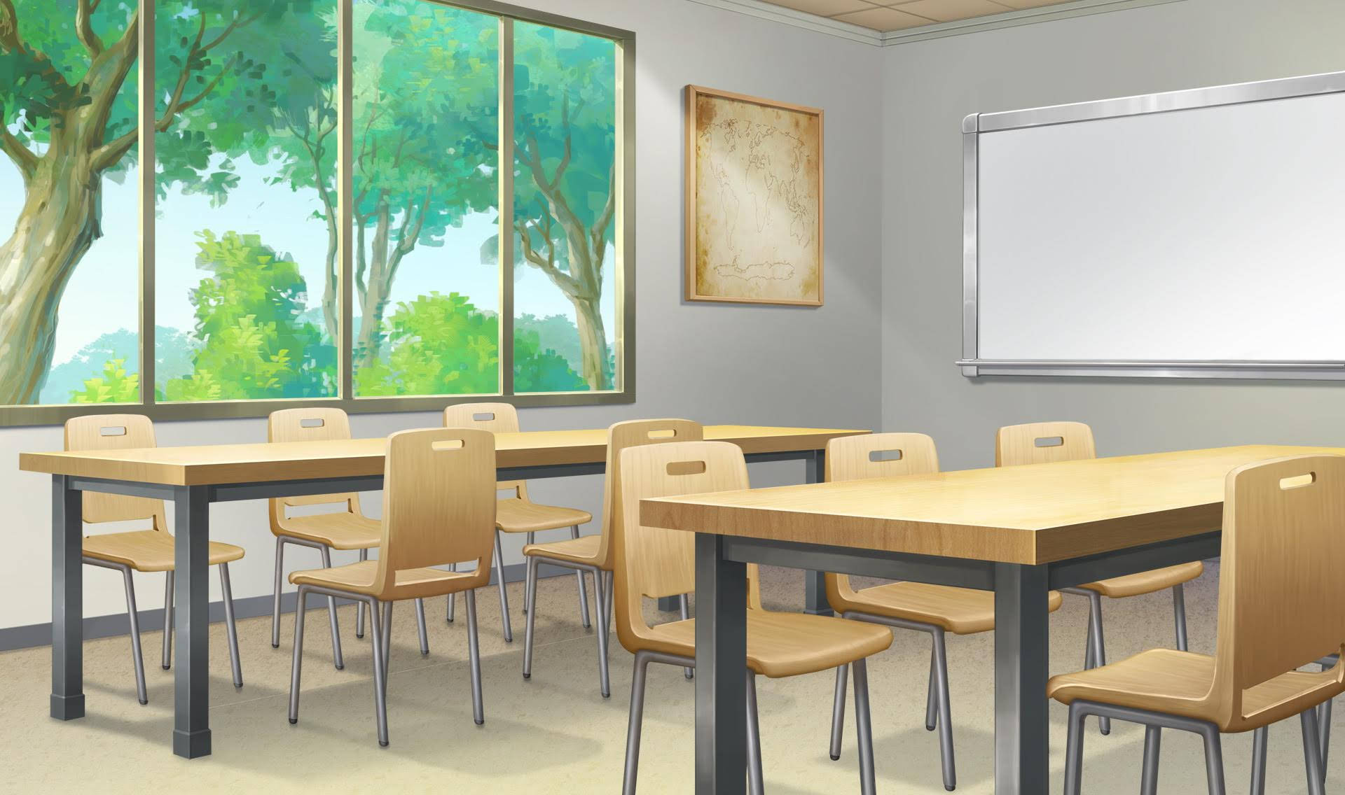 classroom, wooden tables, chairs, Full HD Desktop Wallpaper