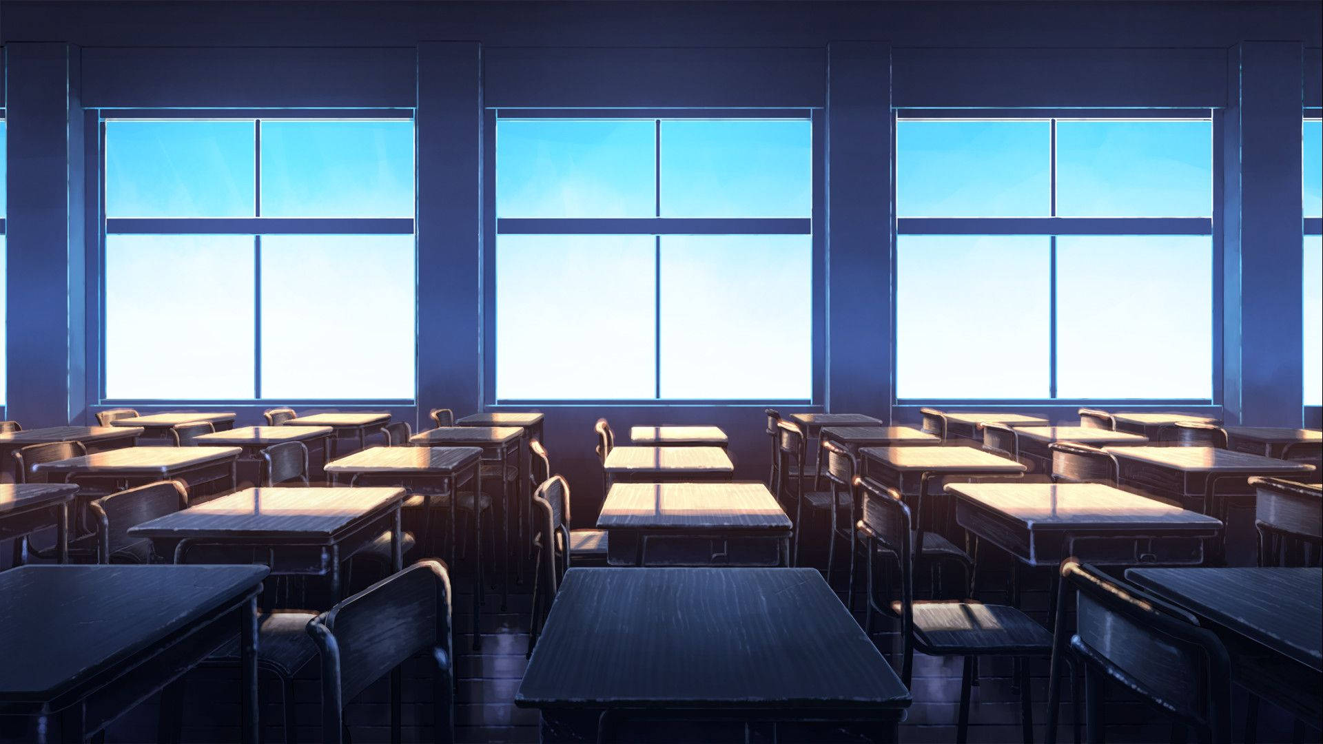 anime school scenery, classroom, window view, Full HD Desktop Wallpaper