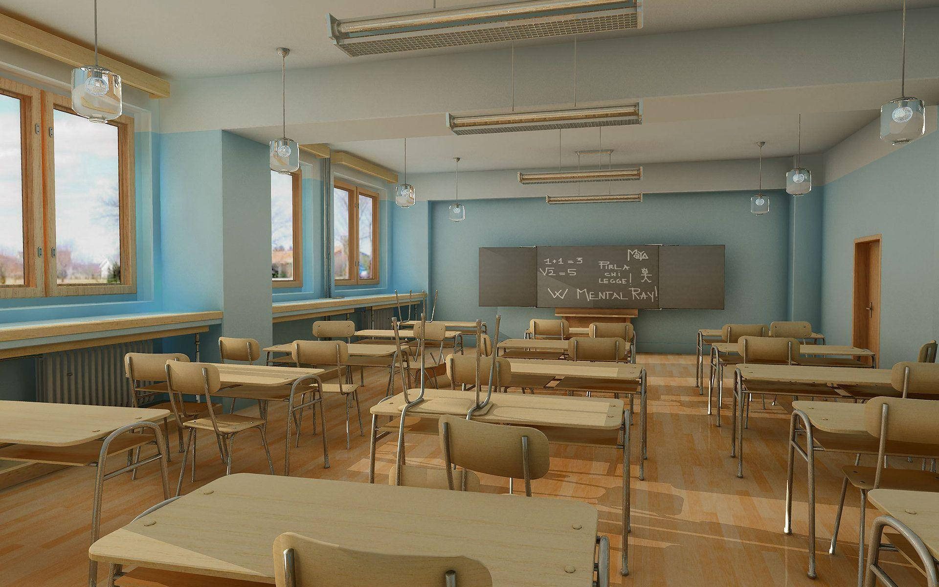 light blue, 3D classroom, wooden desks, Full HD Desktop Wallpaper