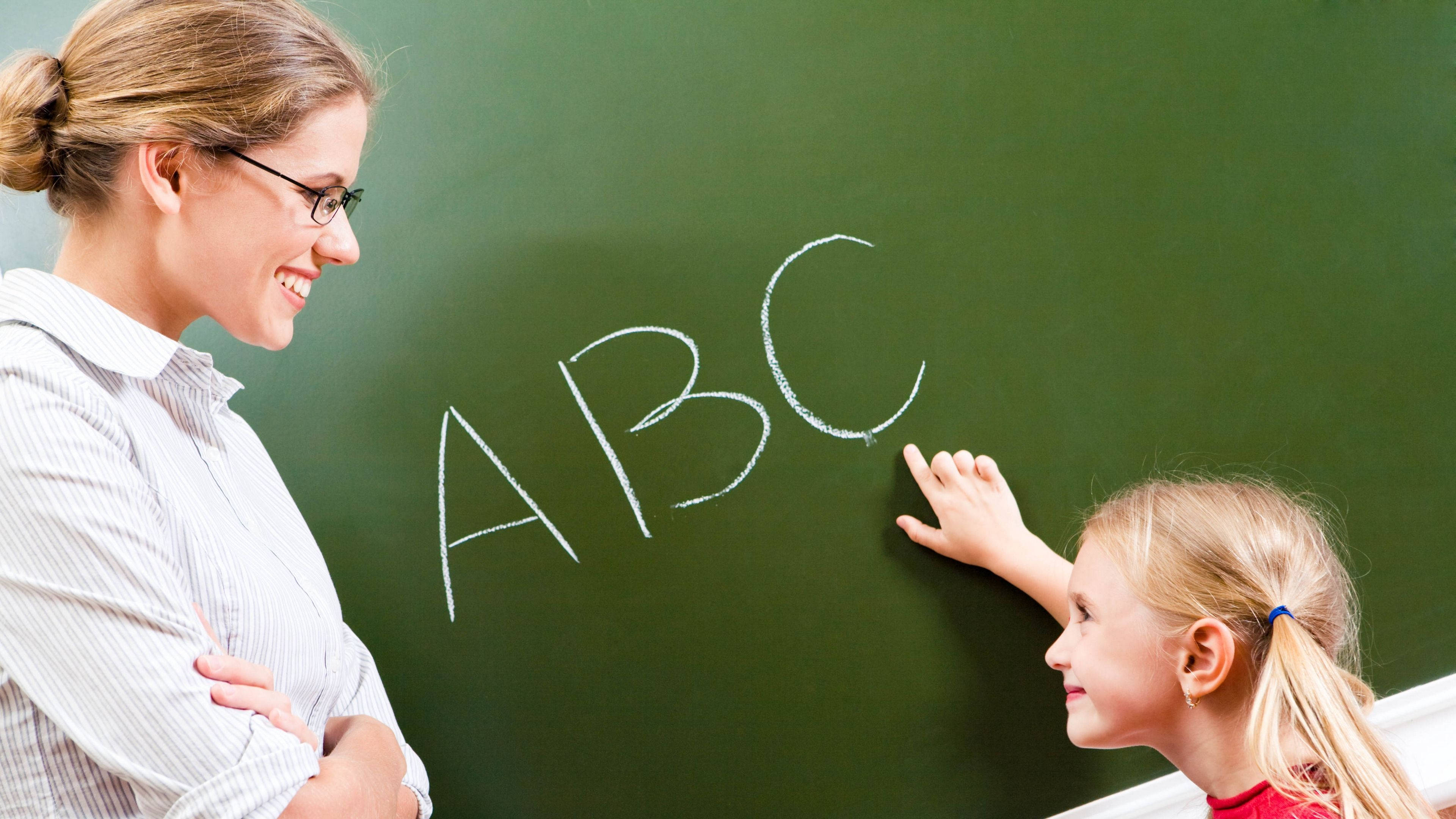 teacher, young girl, chalk letters ABC, 4K Desktop Wallpaper