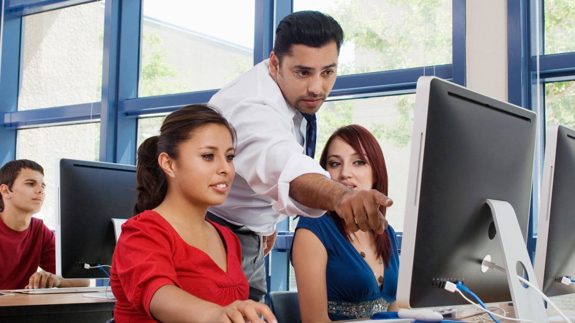 male teacher, computer screen, students, Full HD Desktop Wallpaper