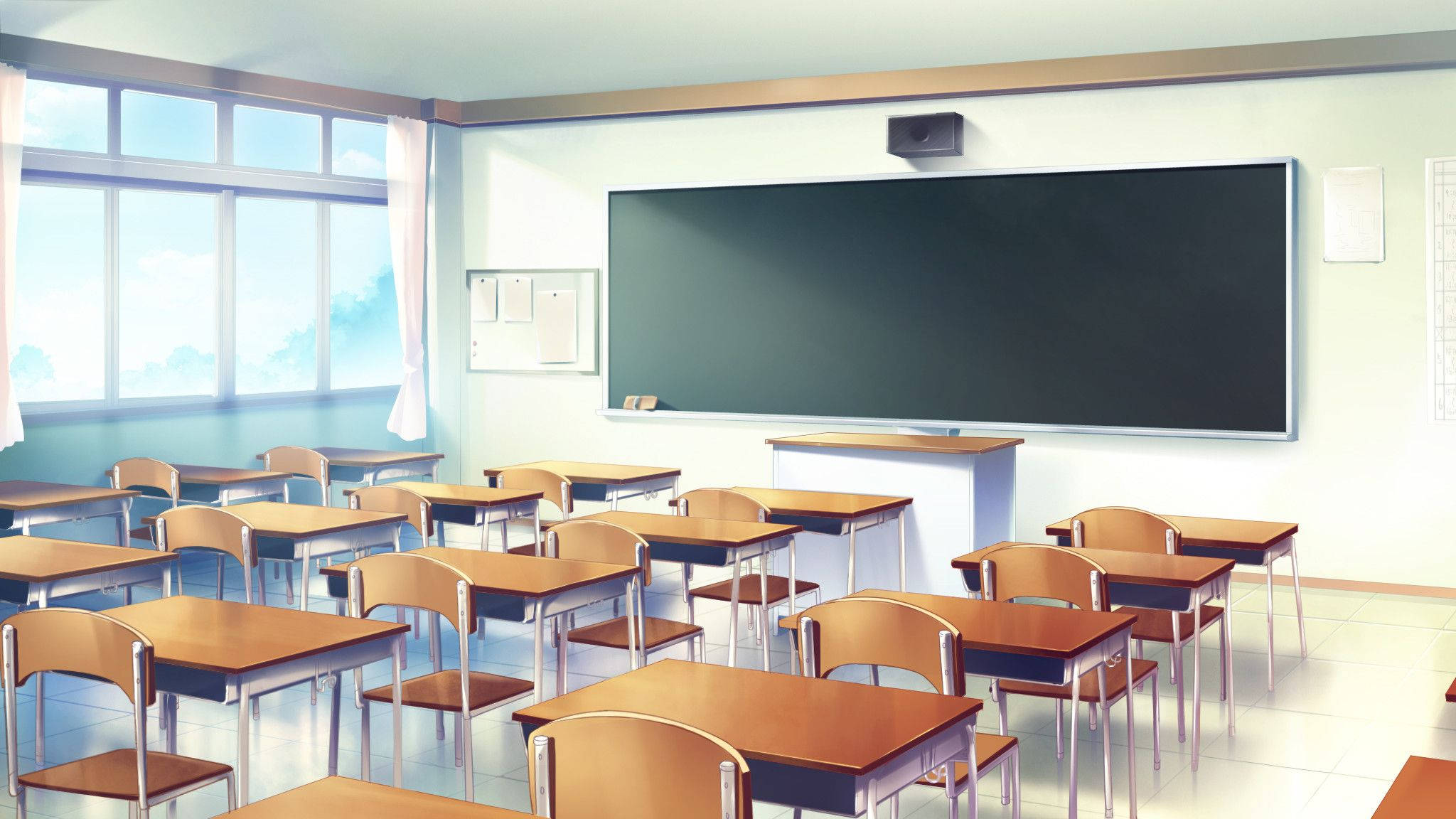 anime classroom, wooden desks, chairs, Full HD Desktop Wallpaper